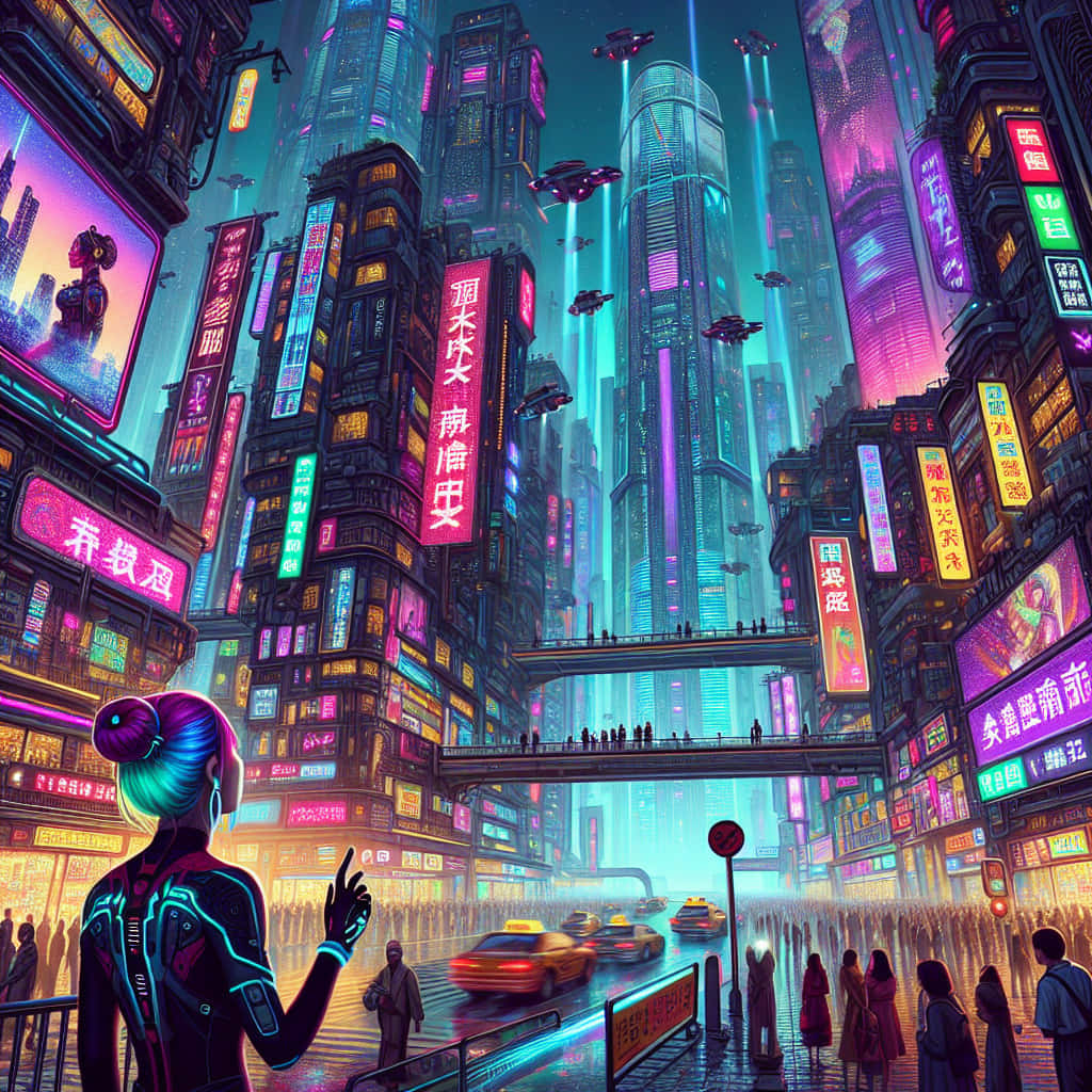  壁紙 — 未來主義的賽博龐克城市夜景，霓虹燈牌、飛行車輛，以及一個穿著發光服裝的孤獨身影觀察著繁忙的街道。