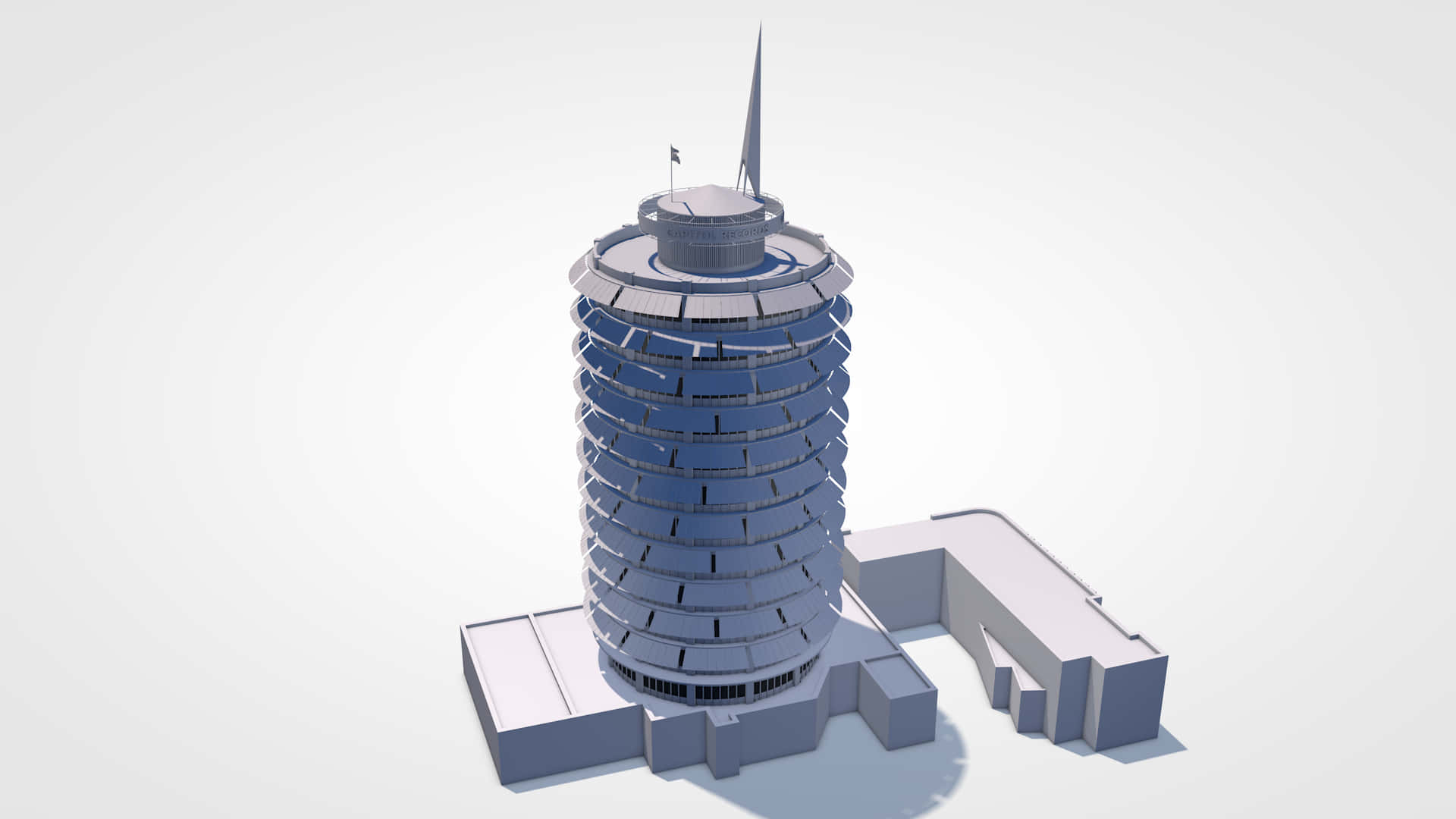 未來主義藍灰色圓柱形摩天大樓，帶尖頂和相連建築的3D渲染。 — 3D 壁紙