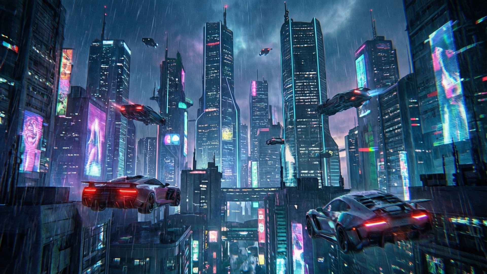 Epic Cyberpunk City 壁紙 — 未來飛行汽車在雨中的賽博龐克夜空下，穿過霓虹燈照亮的高樓大廈。