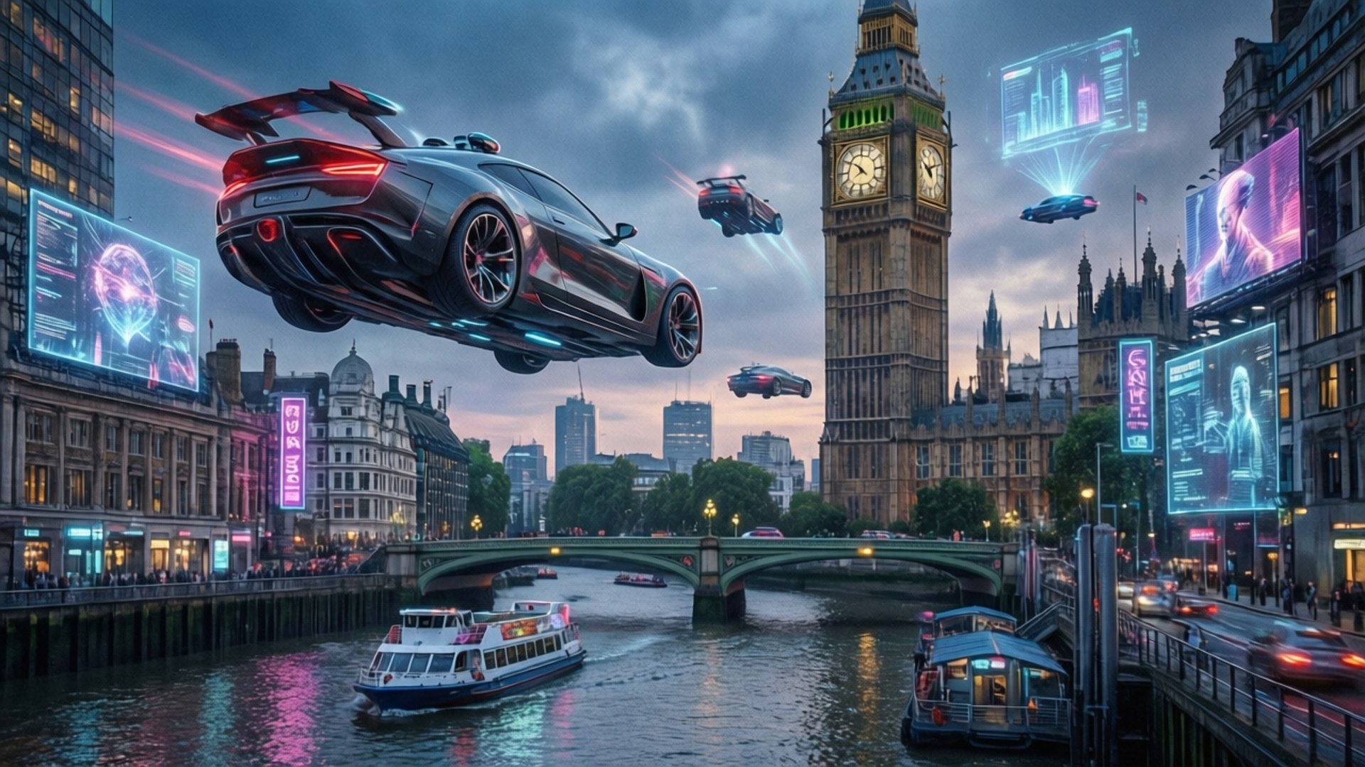 London 2100 Future 壁紙 — 未來飛行汽車在倫敦泰晤士河上空翱翔，大笨鐘在暮色天空下巍然聳立。