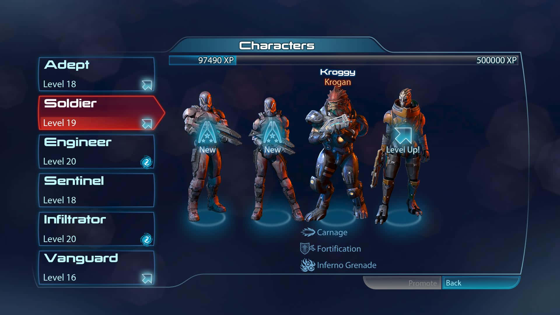 Mass Effect Multiplayer 桌布 壁紙 — 一個未來風格的遊戲角色選擇畫面，顯示四名裝甲士兵，附有等級統計和職業選項，背景為深藍色界面。