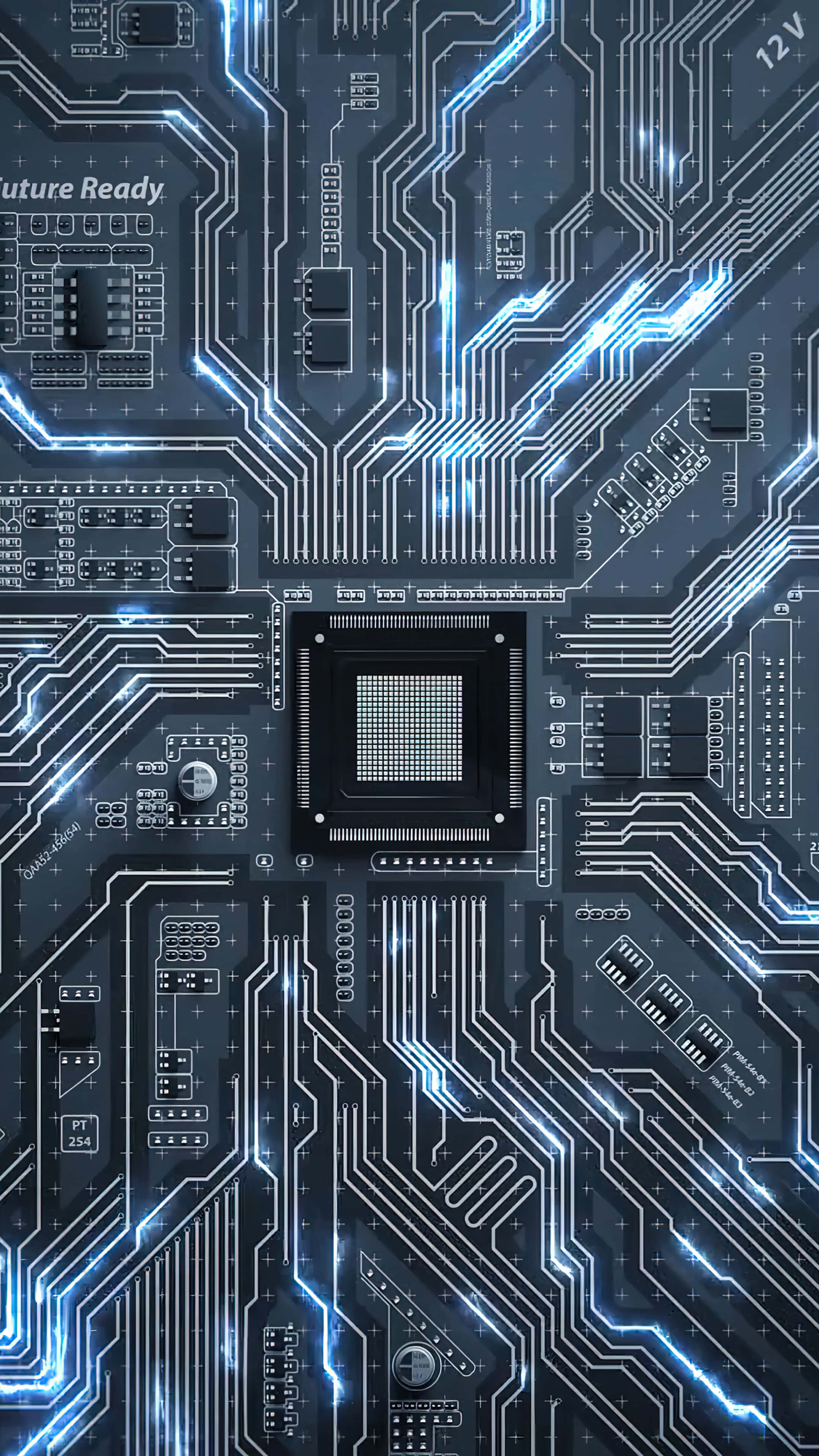 Chipset 桌布 壁紙 — 一塊未來感十足的發光藍色電路板，帶有複雜的路徑和一個散發數位能量的中央晶片。