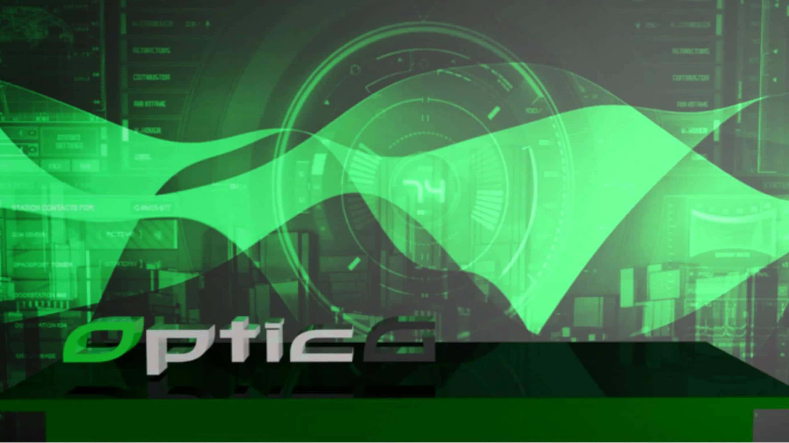 Optic Gaming 桌布 壁紙 — 一個未來風格的綠色數位介面，帶有發光波形和全息UI元素，疊加在深色科技背景上。