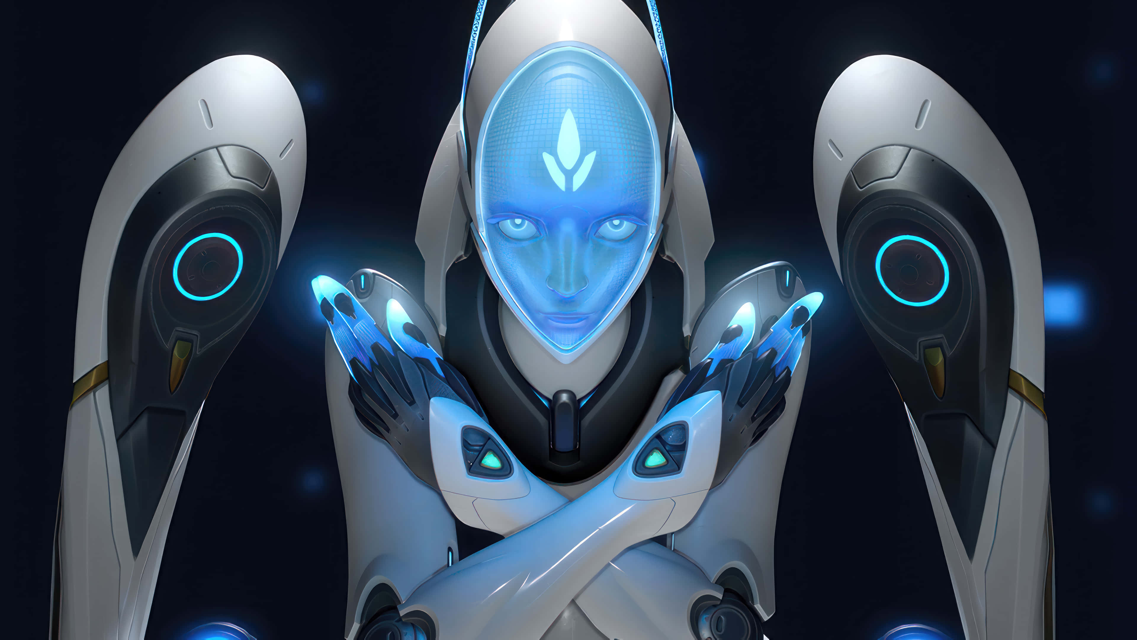 Overwatch Heroes 桌布 壁紙 — 一個未來感的人形機器人，擁有發光的藍色眼睛和雙手，在黑暗的宇宙背景下蓄勢待發。