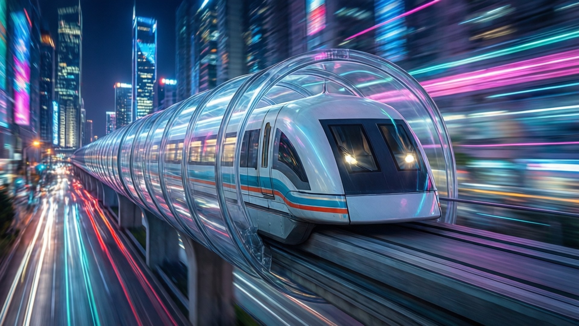 Maglev Speed Race 壁紙 — 一輛時尚的未來磁浮列車在夜間穿過霓虹燈閃爍的城市景觀，帶有動態模糊的光條。