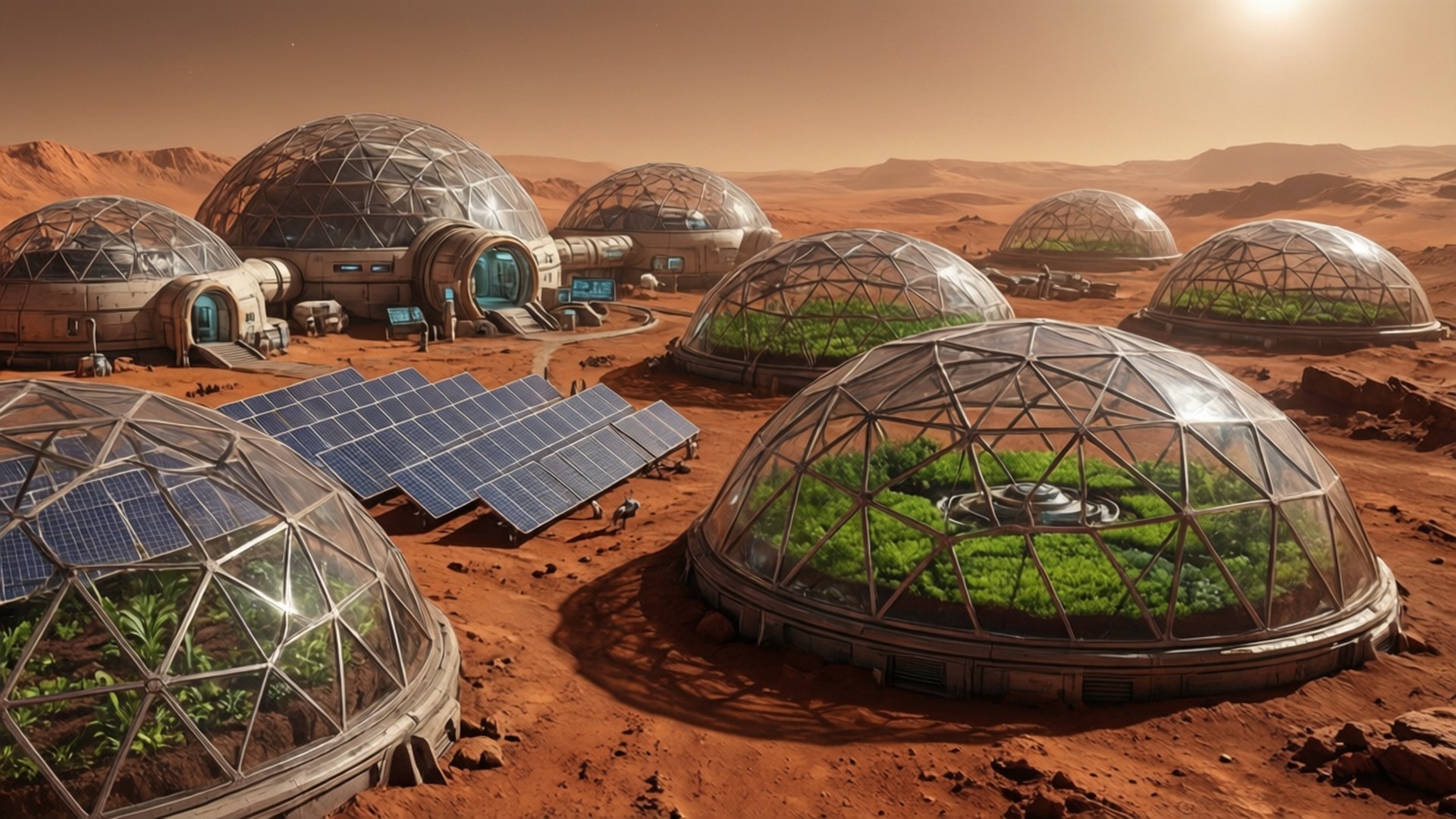 Mars Colony Dome 壁紙 — 一個未來主義的火星殖民地，玻璃穹頂內有綠色植物和太陽能板，位於微紅的地形上，陽光朦朧。