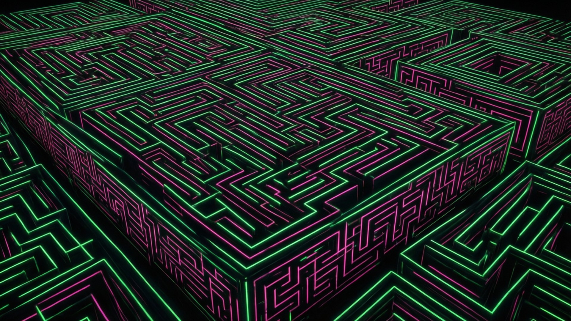 Black Neon 4K 桌布 壁紙 — 一個未來主義的迷宮，由發光的綠色和粉紅色霓虹燈線條在黑暗背景下形成複雜的3D網格。