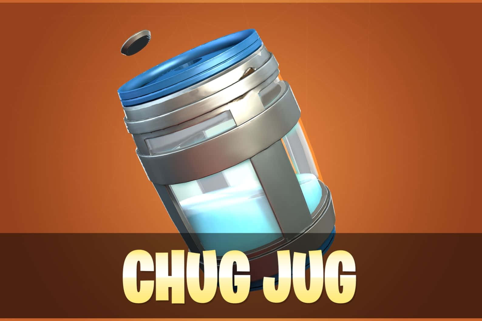  壁紙 — 一個未來風格的金屬Chug Jug，藍色蓋子，發光液體，傾斜在溫暖的橙色漸變背景上。