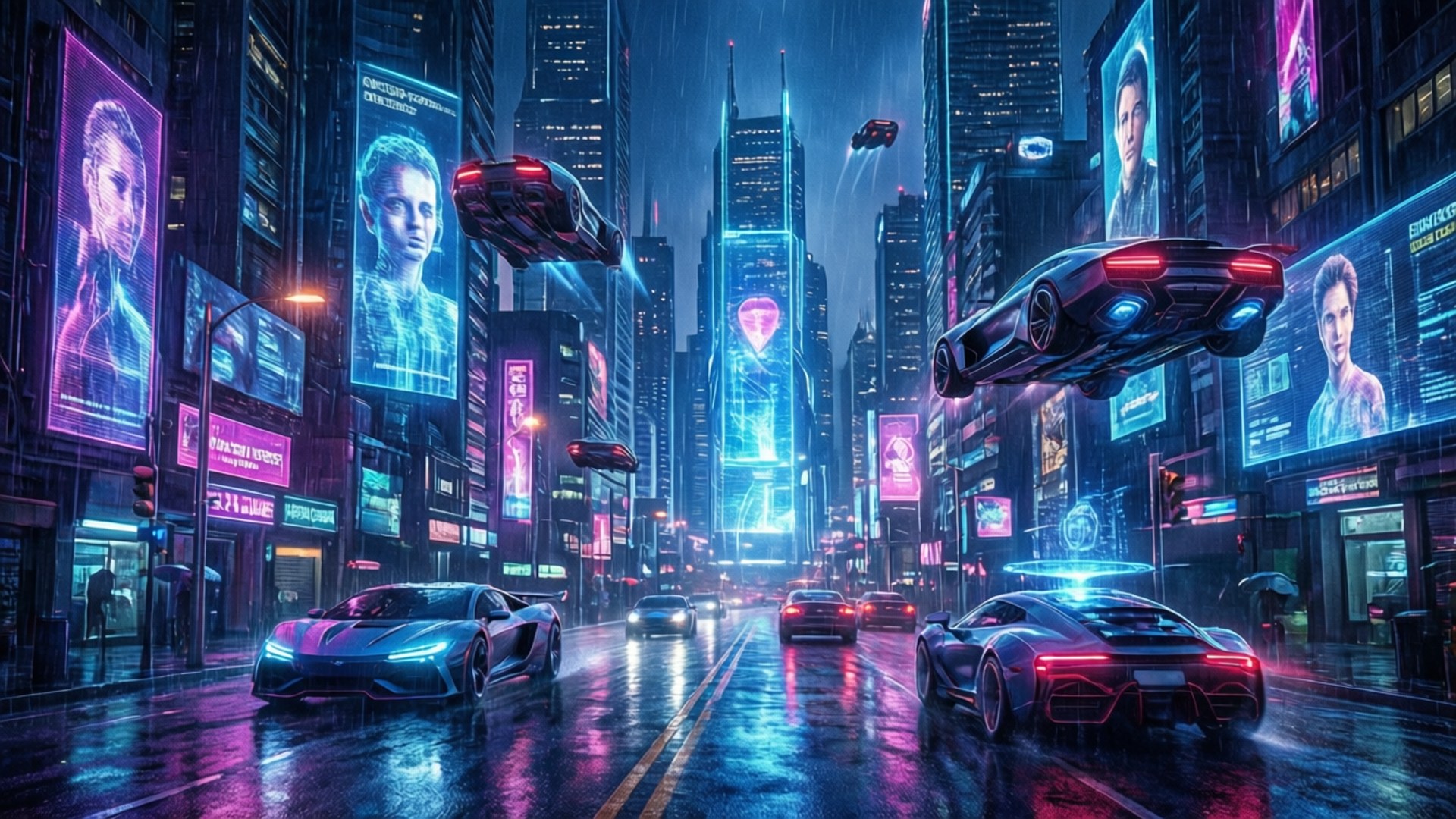 Tech Aesthetic 桌布 壁紙 — 未來主義的霓虹燈夜景城市景觀，有飛天汽車和高聳的全息廣告牌在濕漉漉的街道上反射。