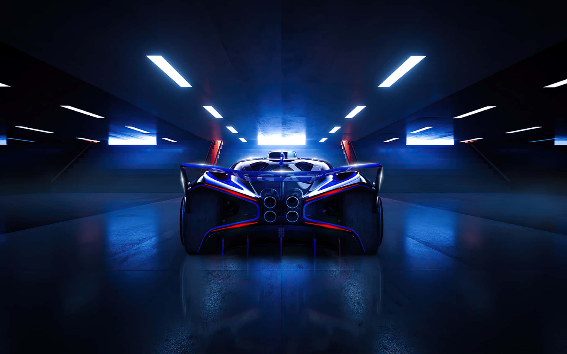 Bugatti Bolide 桌布 壁紙 — 一輛帶有發光藍色和紅色點綴的未來主義賽車，位於由頭頂霓虹燈條照亮的黑暗隧道中央。