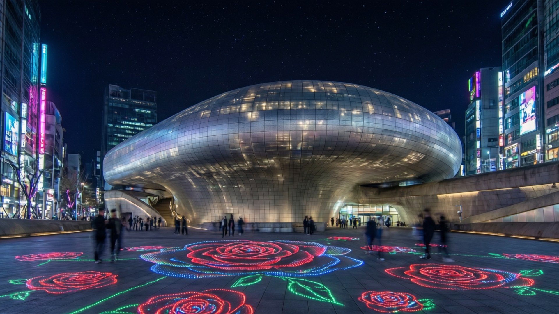 DDP Futuristic Night 壁紙 — 一座未來風格的銀色圓頂建築在星空下發光，下方人行道上有發光的紅色和藍色玫瑰圖案。