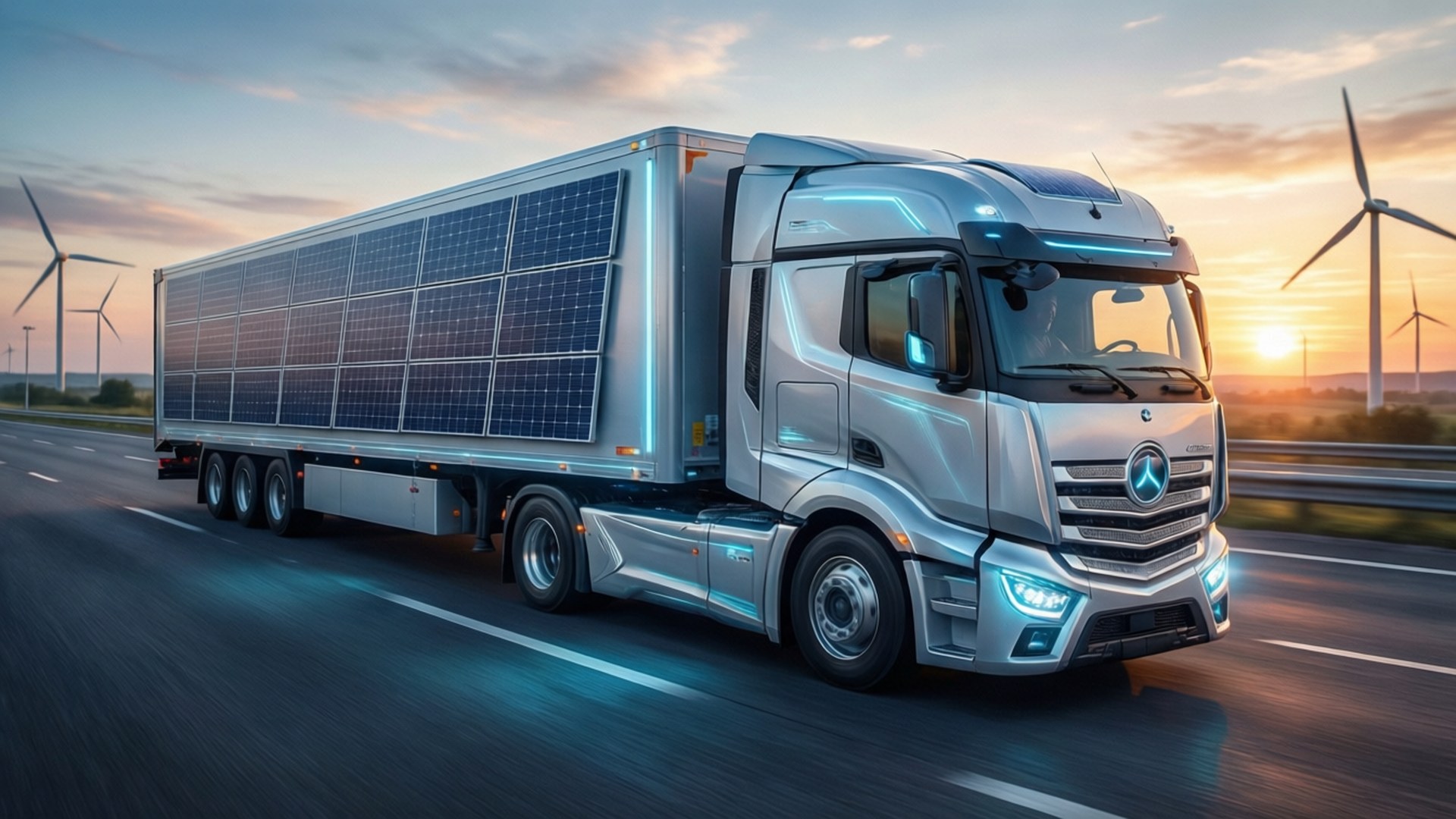 Electric Semi Future 壁紙 — 一輛未來感十足的銀色Mercedes卡車，拖車上裝有太陽能板，在日落時分行駛在高速公路上，背景有風力發電機。