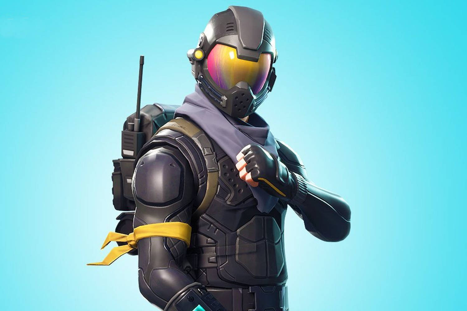 未來士兵，黑色盔甲，黃色圍巾，收音機，青色背景。 — Fortnite 壁紙