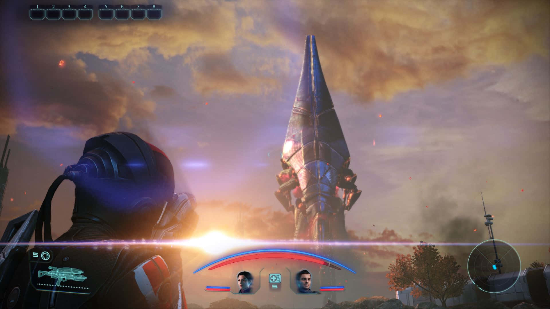 Mass Effect Legendary Edition 桌布 壁紙 — 一名戴著頭盔的未來戰士，在火紅的夕陽天空下，面對一座高聳的外星巨石，並帶有遊戲UI覆蓋層。