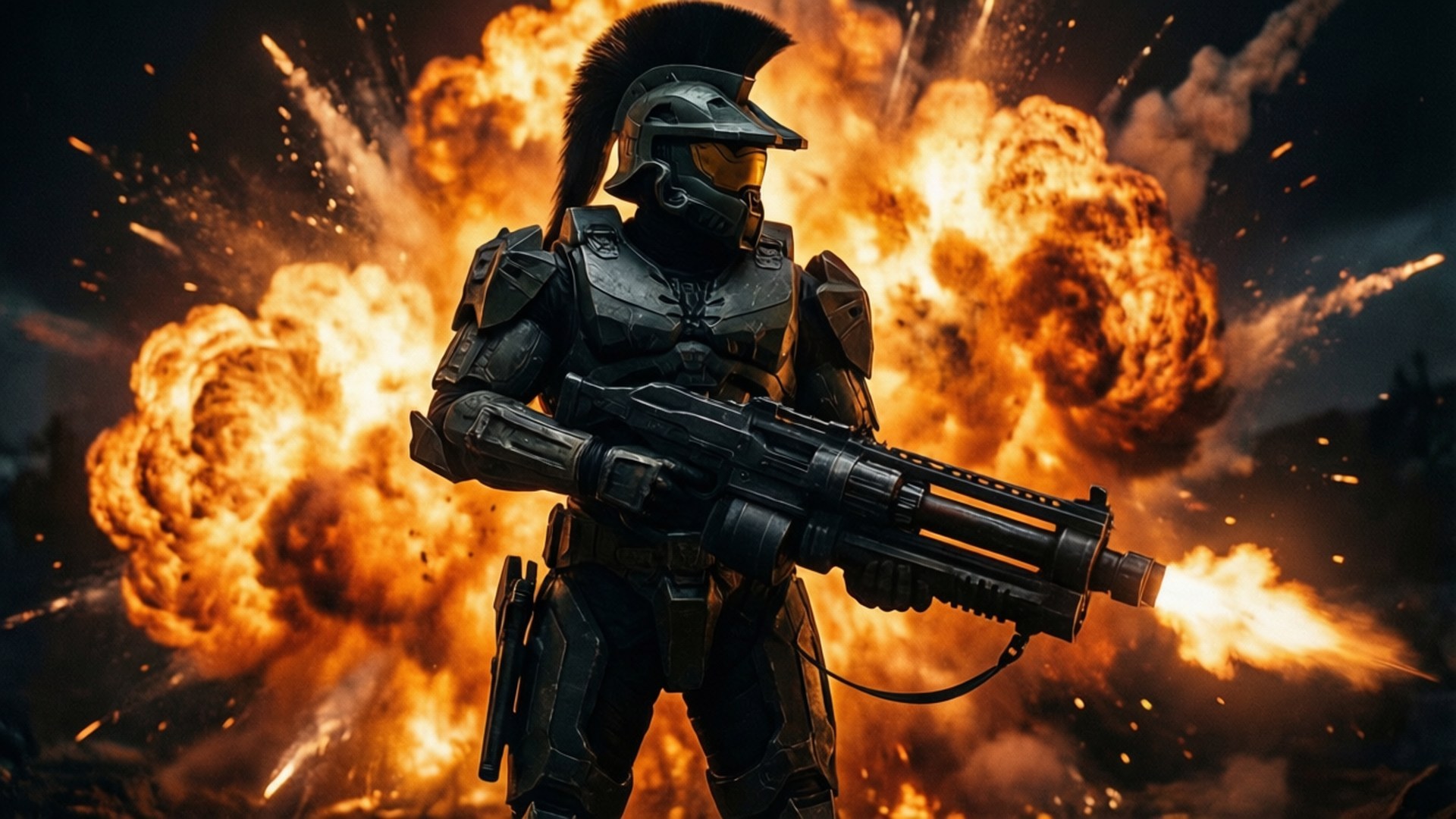 Rocket Launcher Hero 壁紙 — 一名身穿黑色盔甲的未來士兵在巨大的火焰爆炸和飛濺的碎片中開火。