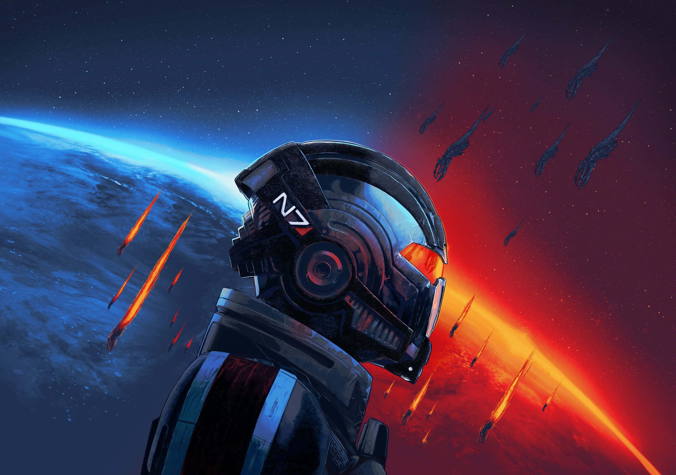Mass Effect Legendary Edition 桌布 壁紙 — 一名戴著標有N7頭盔的未來士兵，站在藍色星球和熾熱紅色星雲以及墜落流星的宇宙背景下。
