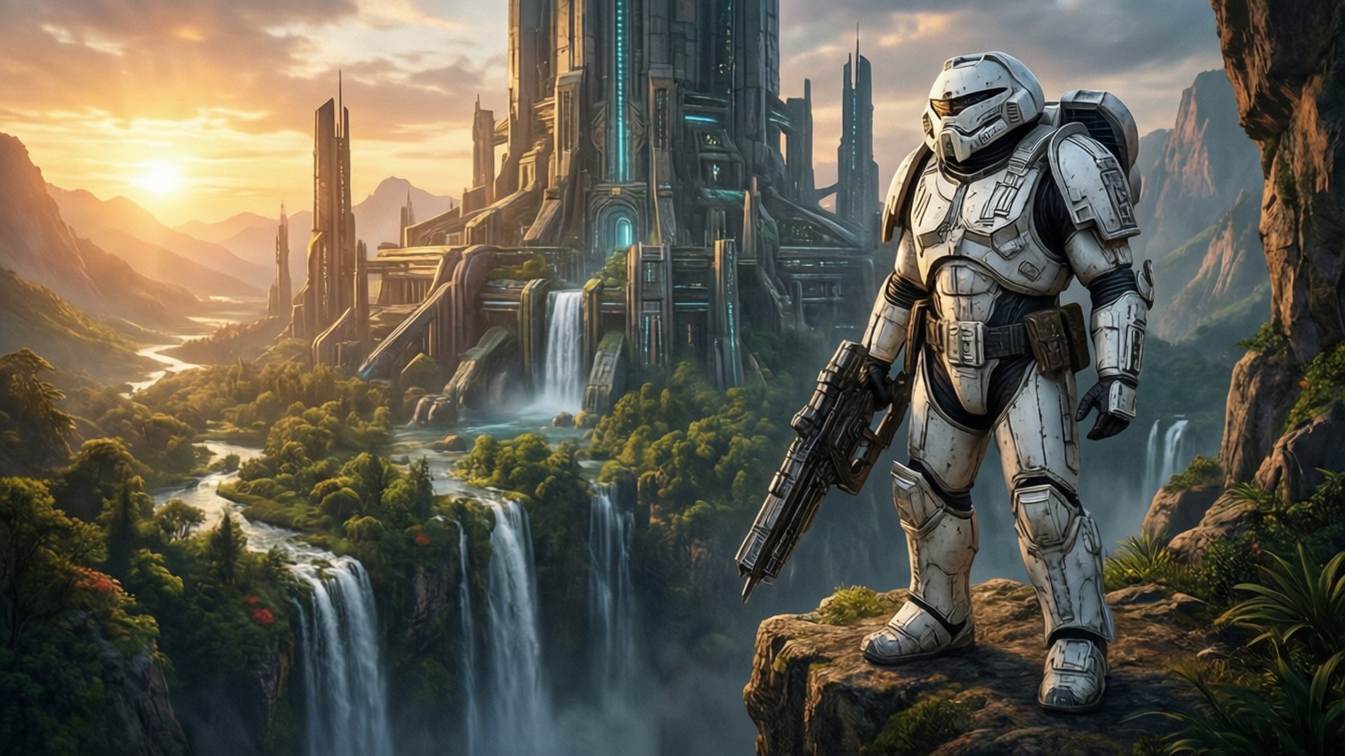 Halo Covenant 桌布 壁紙 — 一名身穿白色盔甲的未來士兵站在懸崖上，俯瞰著一個有層疊瀑布和高聳科幻城市的翠綠山谷，正值日落時分。