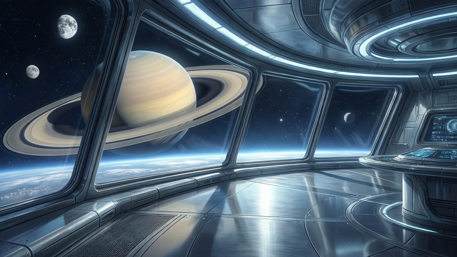 Virtual Space 桌布 壁紙 — 未來感十足的太空船駕駛艙，可欣賞到土星及其光環和衛星在繁星宇宙背景下的壯麗景色。