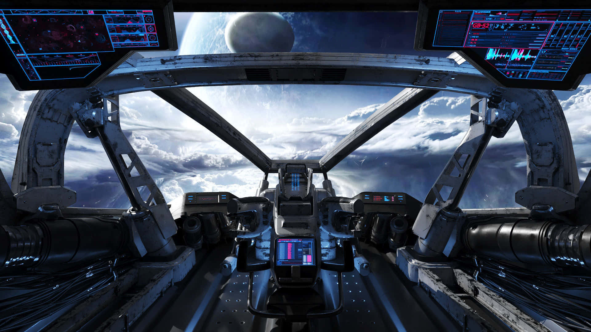 Spaceship Cockpit 桌布 壁紙 — 一個未來風格的太空船駕駛艙，配備發光的藍色螢幕，俯瞰著深空中的一顆行星和旋轉的雲層。