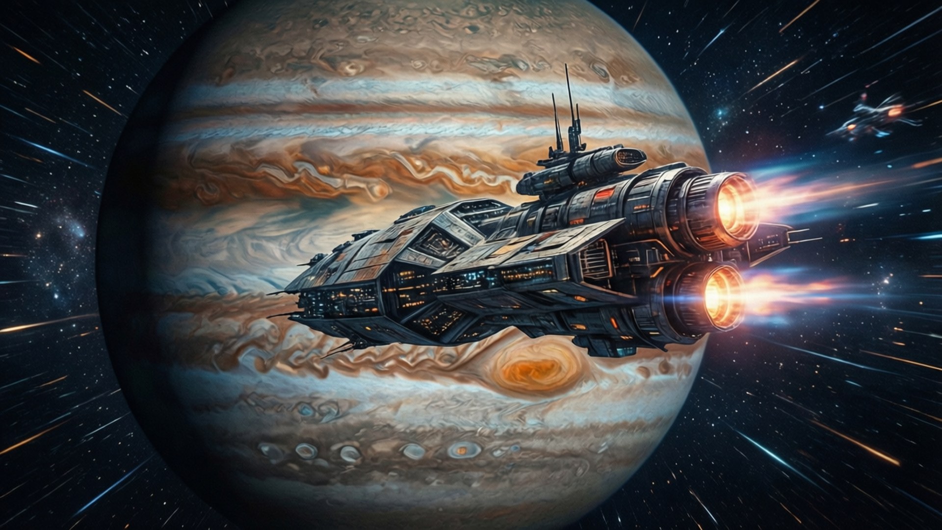 Spaceship Over Jupiter 壁紙 — 一艘未來風格的太空船，帶有發光的引擎，在星空中飛過巨大旋轉的木星。