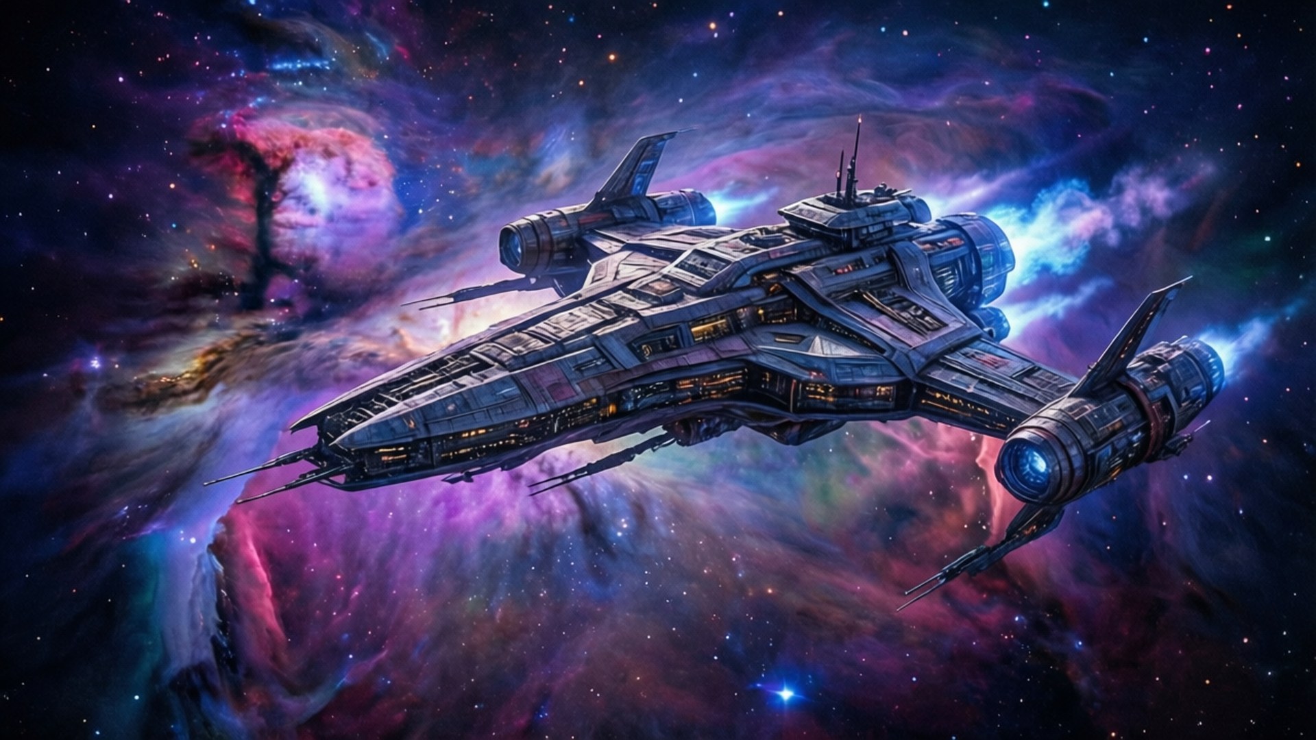 Nebula Voyage 壁紙 — 一艘細節豐富的未來太空船滑翔過充滿紫色、粉紅色和藍色宇宙雲層和星星的鮮豔星雲。