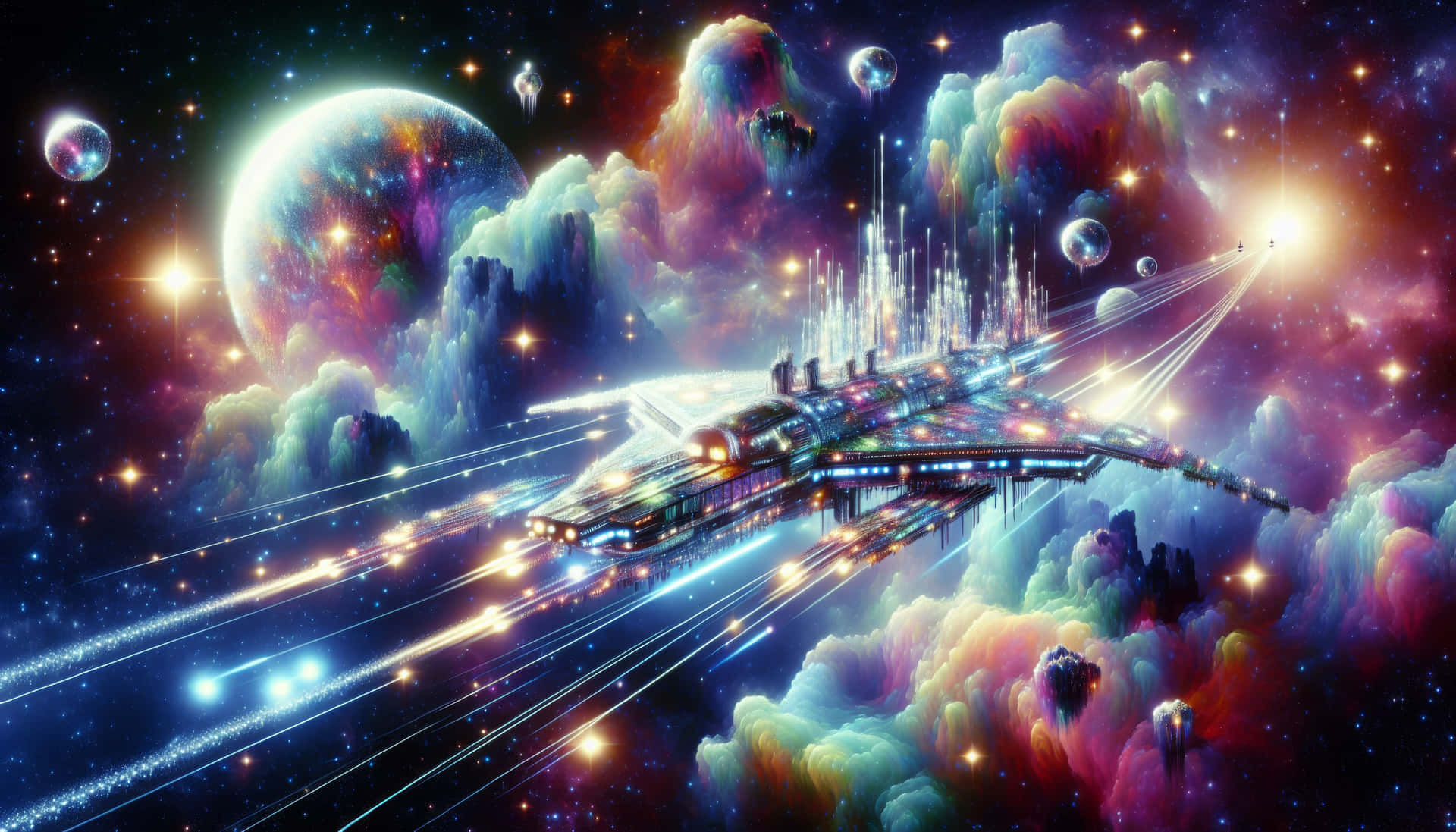 壁紙 — 一艘未來風格的太空船在充滿活力的宇宙星雲中疾馳，周圍有發光的行星和恆星。