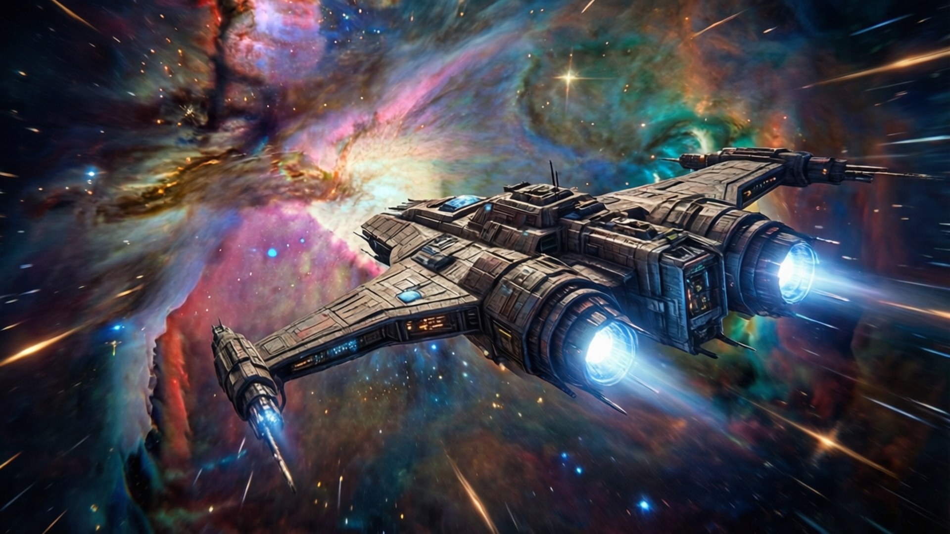 Sci-Fi Spaceship 壁紙 — 一艘配備發光藍色引擎的未來太空船，在充滿旋轉粉紅、藍綠和橙色雲彩的鮮豔宇宙星雲中疾馳。