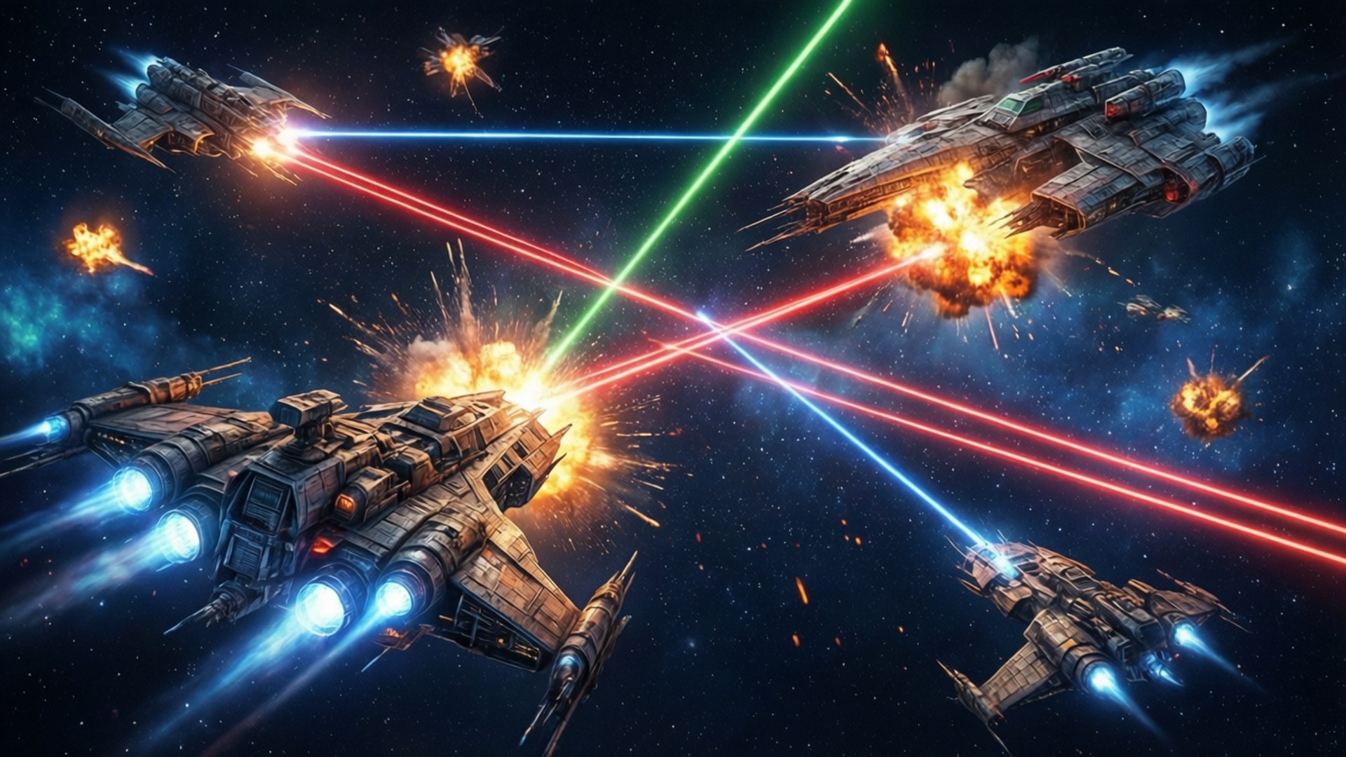 Space Battle 壁紙 — 未來太空船在星空中碰撞，在熾熱爆炸中發射紅、綠、藍色雷射。