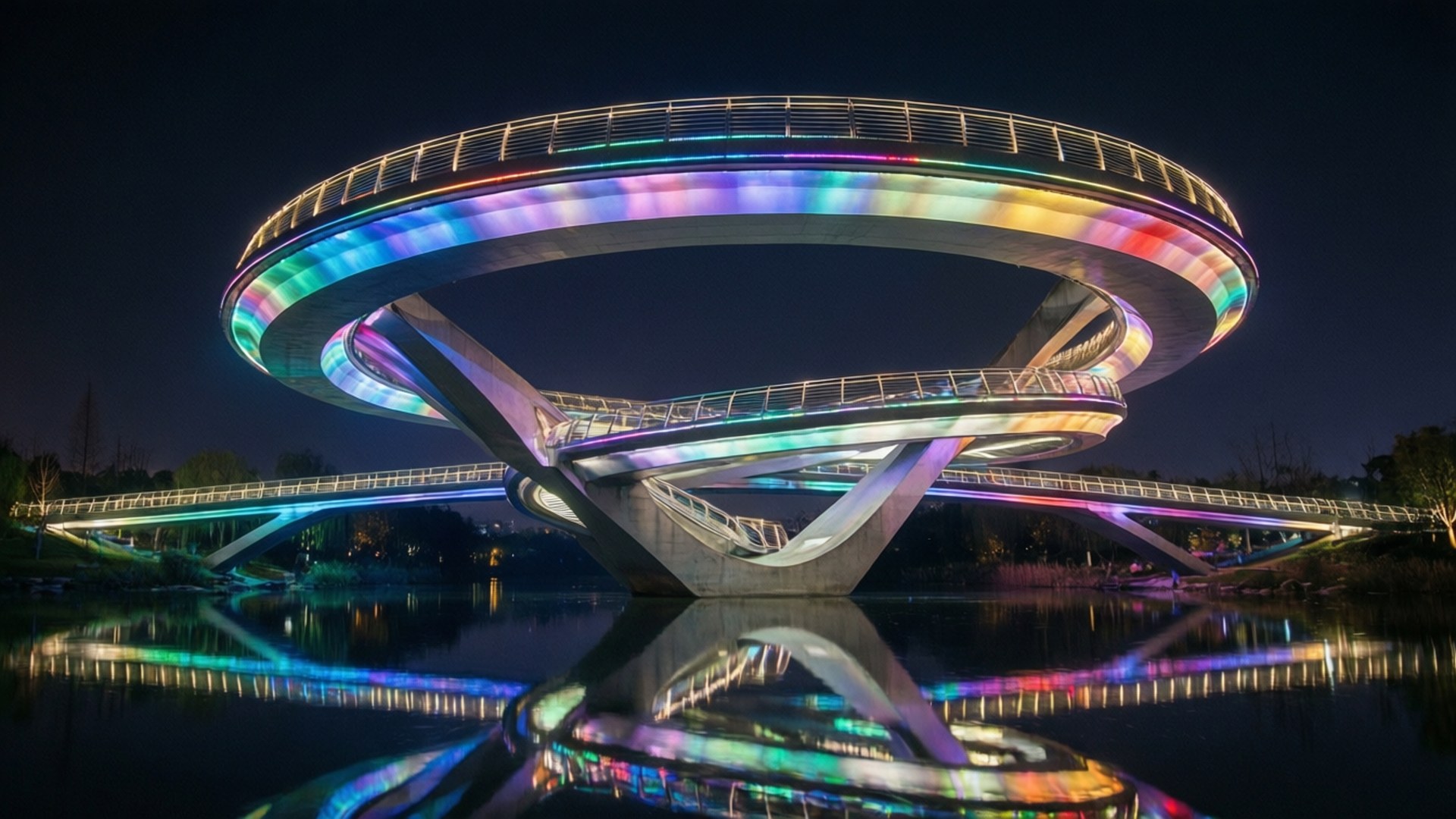 Nanjing Eye Night 壁紙 — 一座未來風格的螺旋橋，散發著彩虹光芒，在黑暗夜空下完美倒映在平靜的水面上。