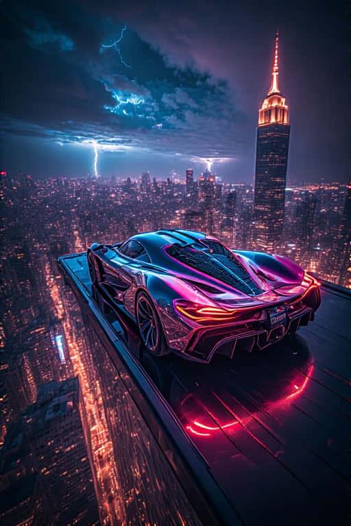 未來主義跑車在摩天大樓邊緣閃爍霓虹燈光，俯瞰夜晚暴風雨城市。 — 4K 壁紙