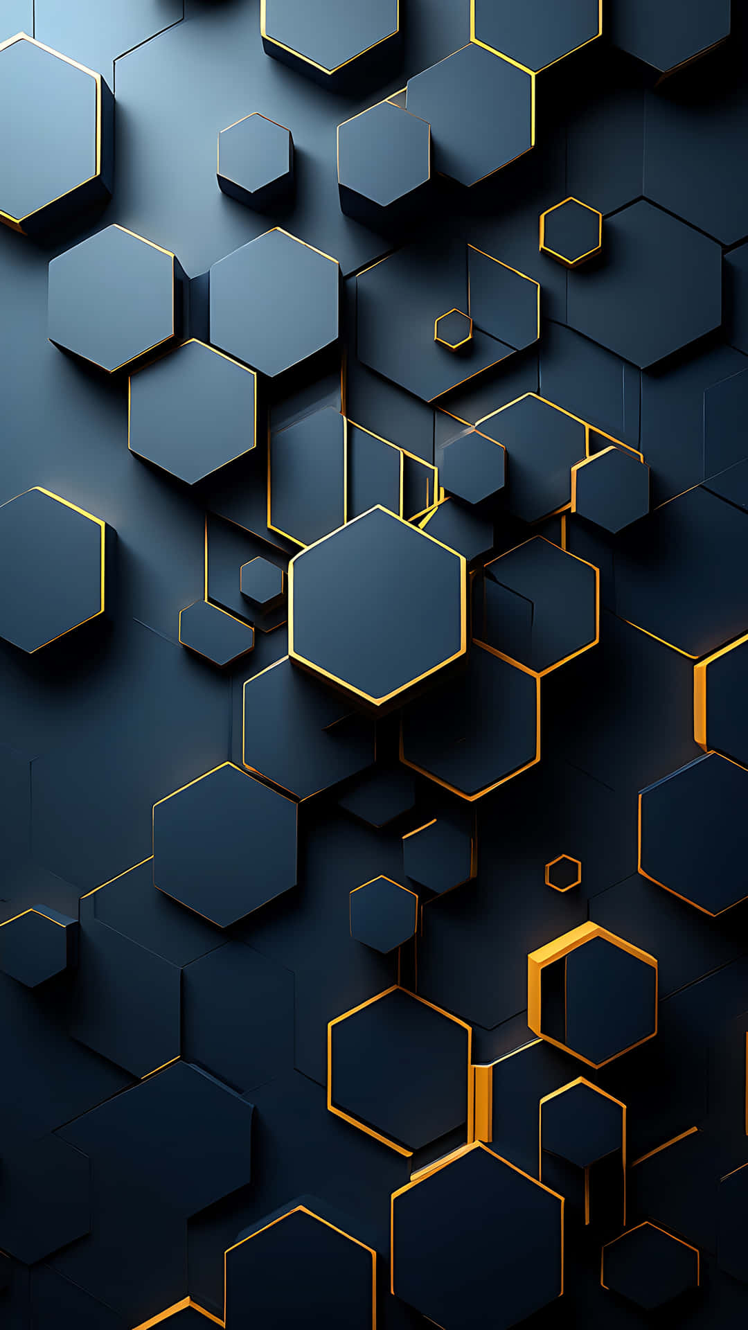 深藍色六邊形瓷磚帶有金色輪廓，排列成3D圖案。 — 3D 壁紙