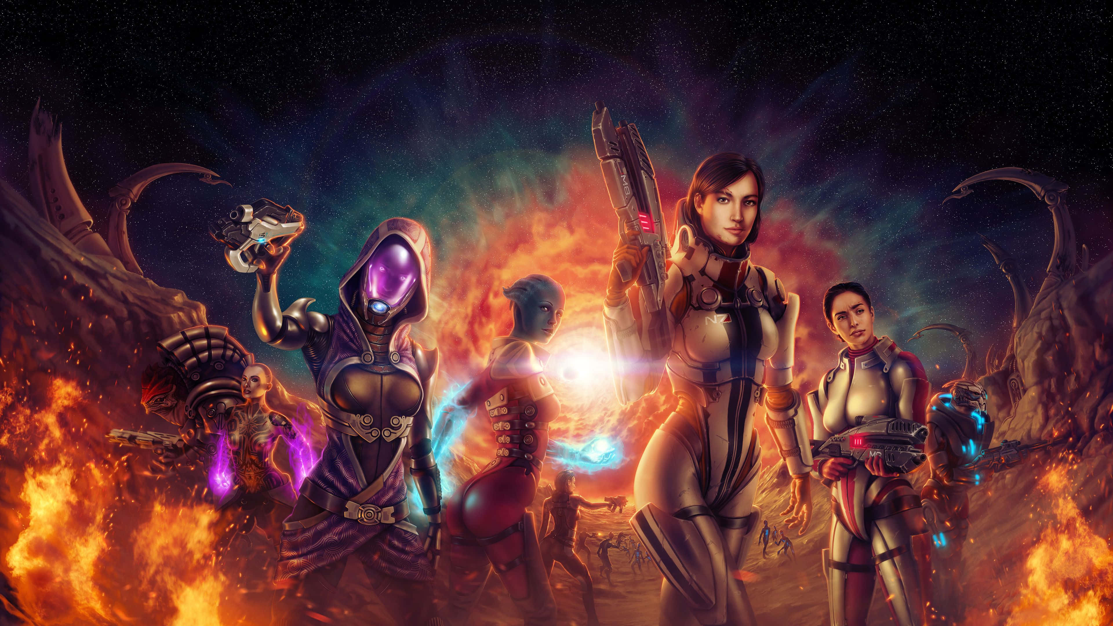 Mass Effect Multiplayer 桌布 壁紙 — 一群未來戰士手持發光武器，在熾熱的宇宙混亂中與外星建築一起挑釁地站立。