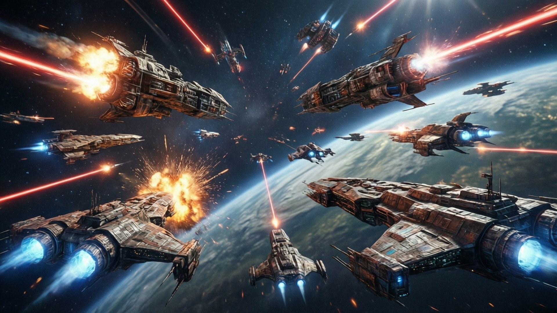 Space Battle 壁紙 — 未來戰艦爆炸並在藍色星球上方的混亂太空戰中發射雷射。