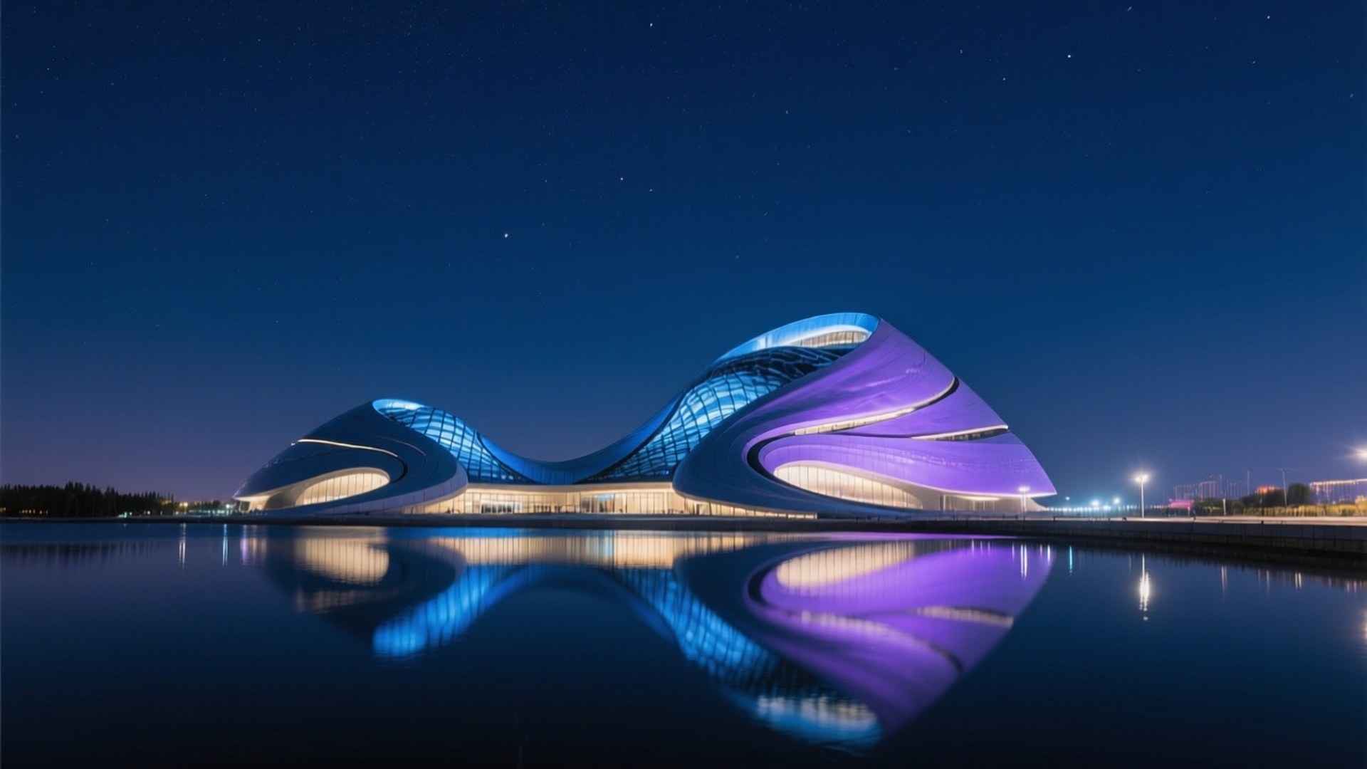 Grand Theatre Night Glow 壁紙 — 一座未來主義波浪形建築在平靜水面倒映的星空下發出藍色和紫色光芒。
