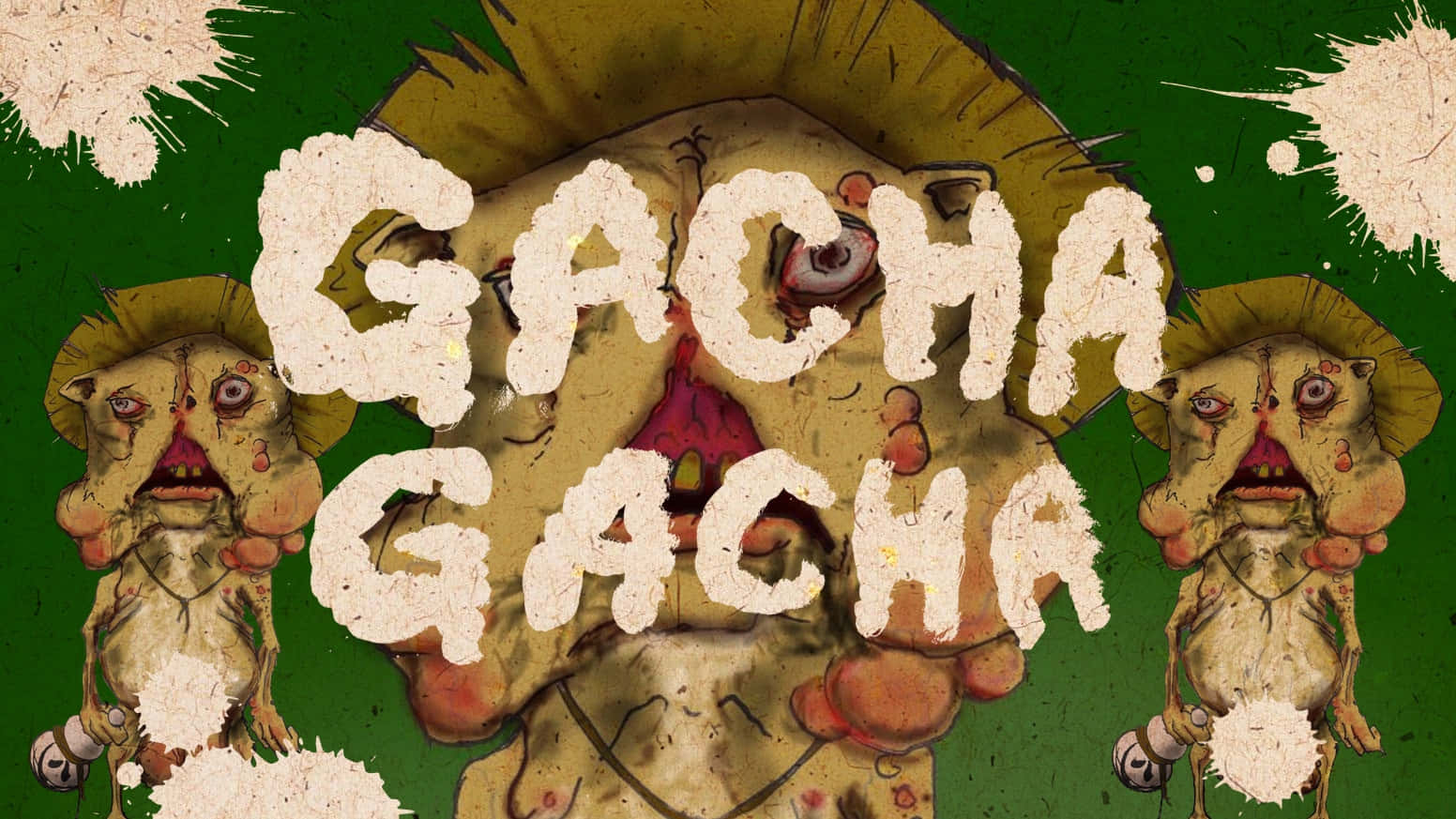 Gacha Life 桌布 壁紙 — Gacha gacha 文字以磨損的白色字體出現在一個有三隻眼睛的怪誕卡通生物和濺滿綠色背景上。