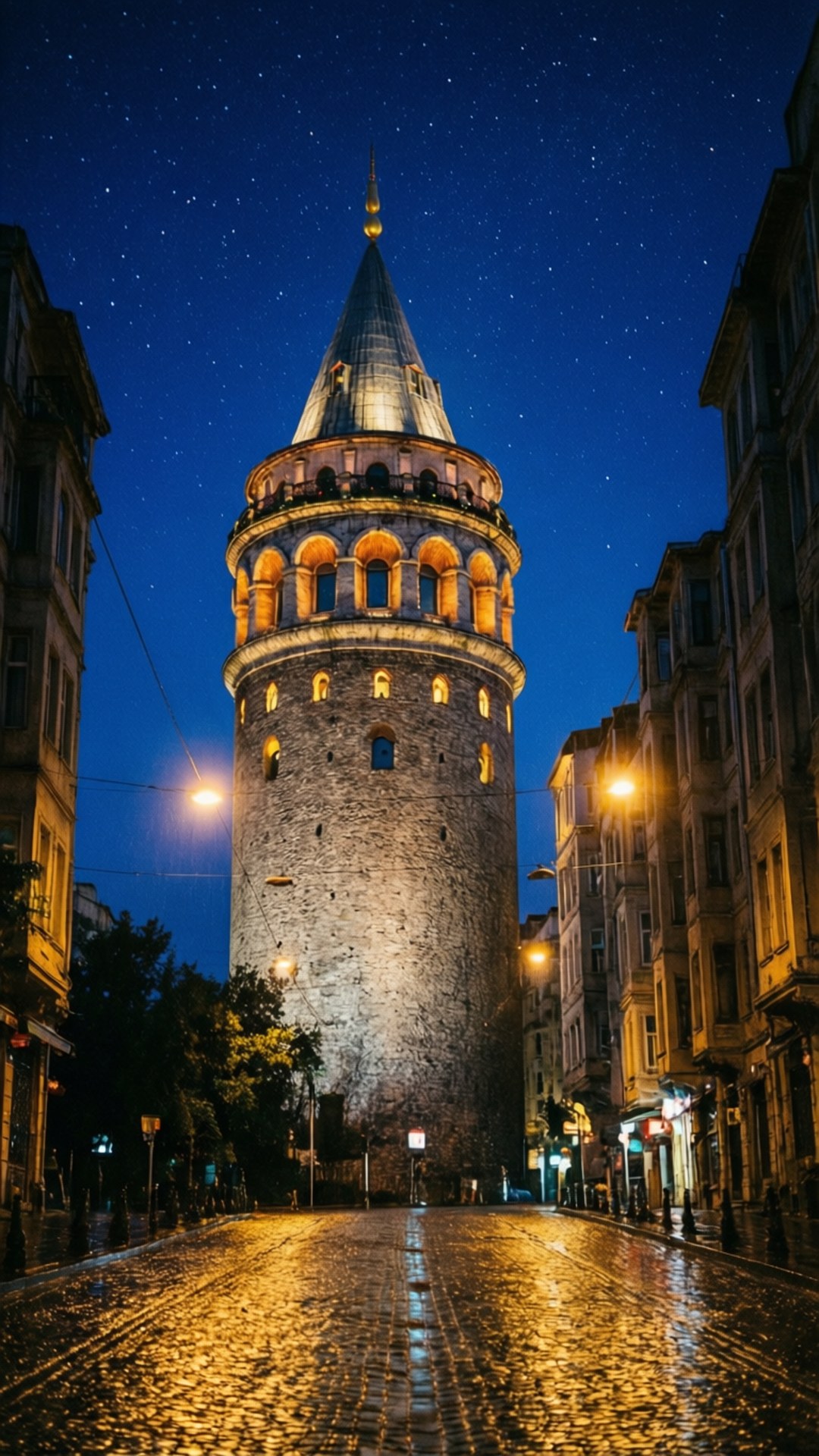 Galata Tower Night 壁紙 — 加拉塔塔在繁星點點的夜空下亮起，濕漉漉的鵝卵石街道反射著金色的街燈。