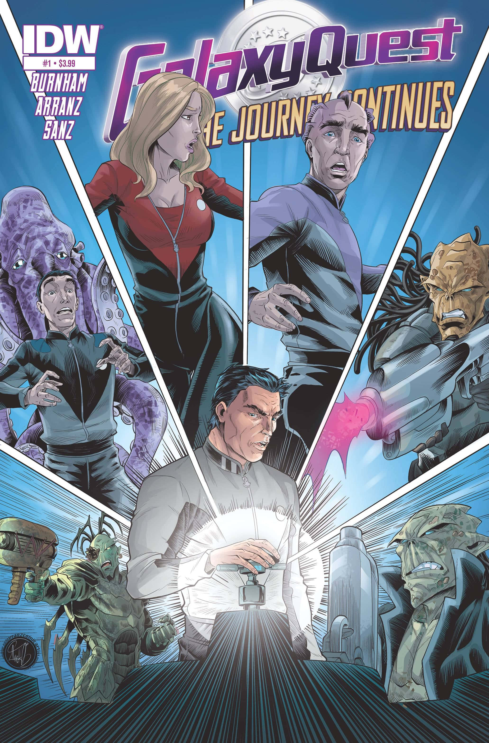 Galaxy Quest 桌布 壁紙 — Galaxy Quest 船員在太空冒險中與外星敵人對抗的動態漫畫封面，帶有戲劇性燈光。