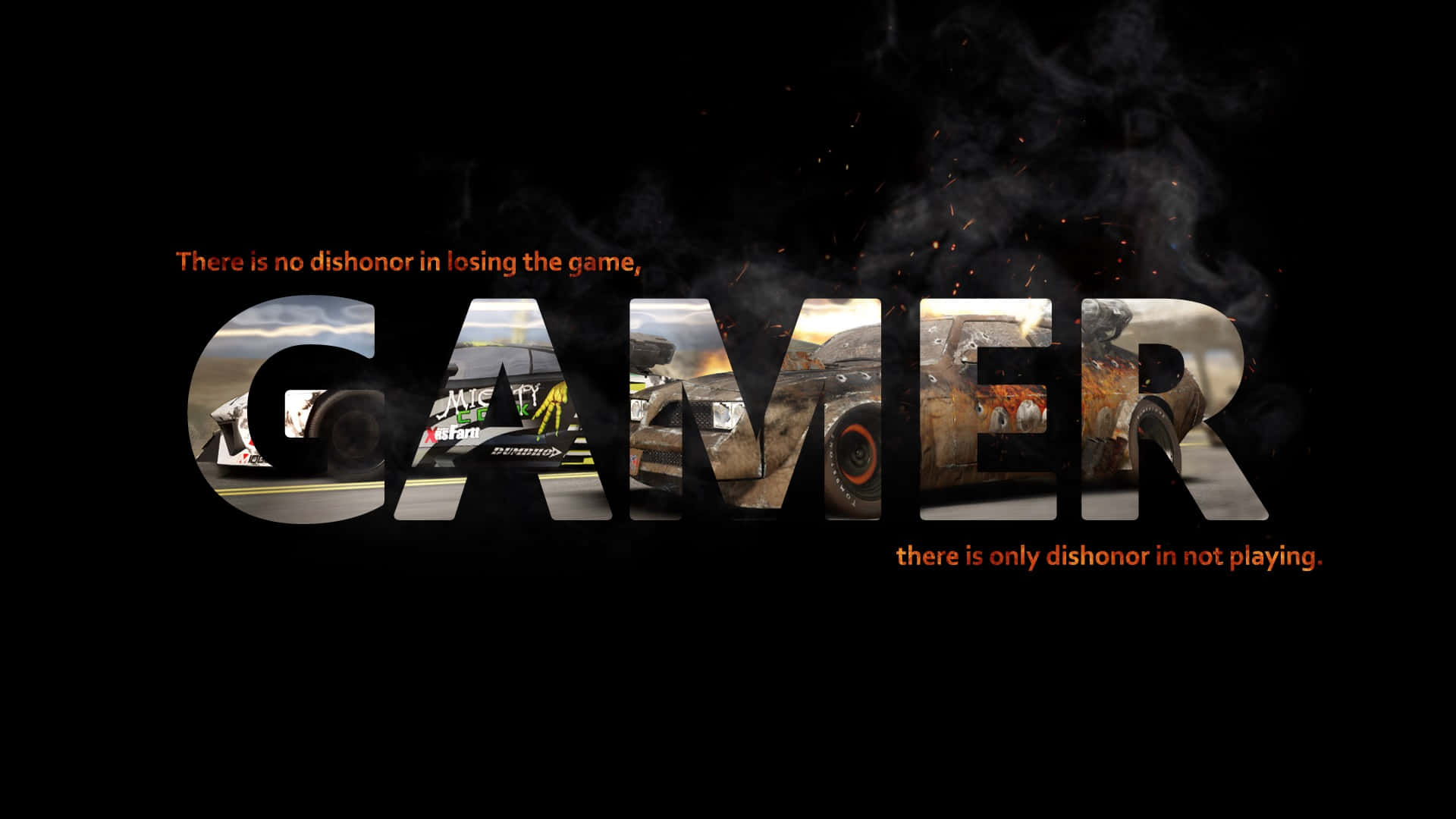 Pro Gamer 桌布 壁紙 — 「GAMER」一詞由賽車場景（帶有煙霧和火花）在黑色背景上以及勵志文字組成。