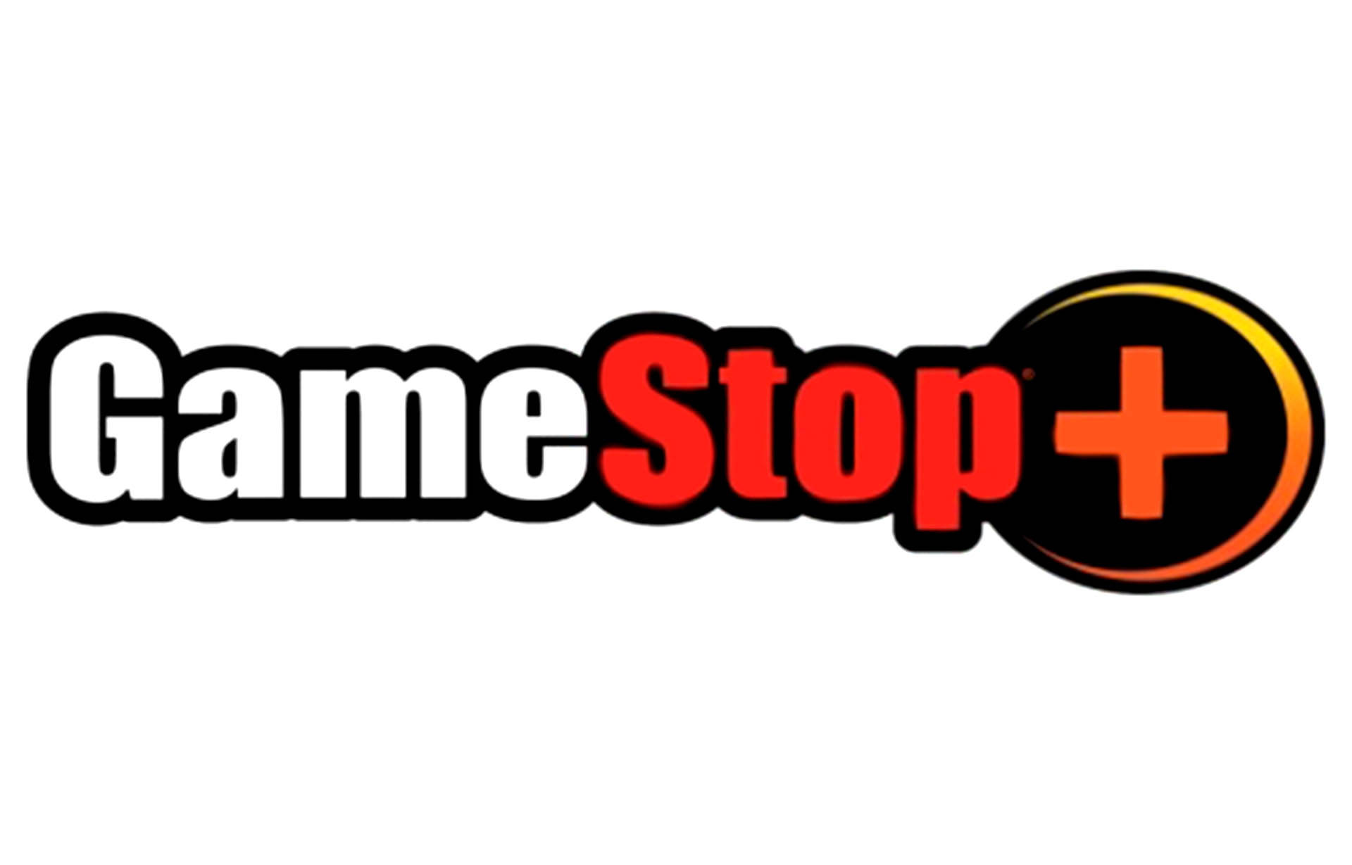 GameStop 桌布 壁紙 — GameStop Plus 標誌，白色背景上有粗體白色和紅色文字，以及一個帶有橙色加號的黑色圓圈。