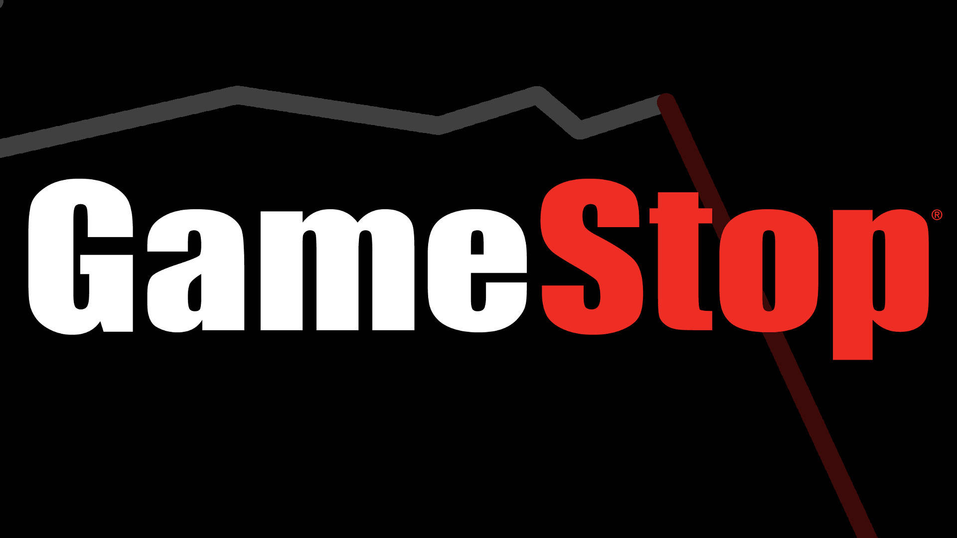 GameStop 桌布 壁紙 — GameStop 標誌，白色和紅色文字，黑色背景，上方有一條灰色和紅色的對角線。