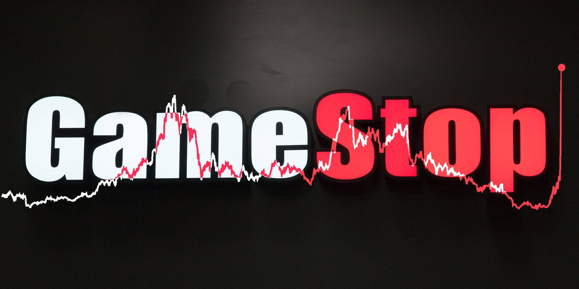 GameStop 桌布 壁紙 — GameStop 標誌，紅色和白色的股票圖表線條穿過字母，背景為深色。