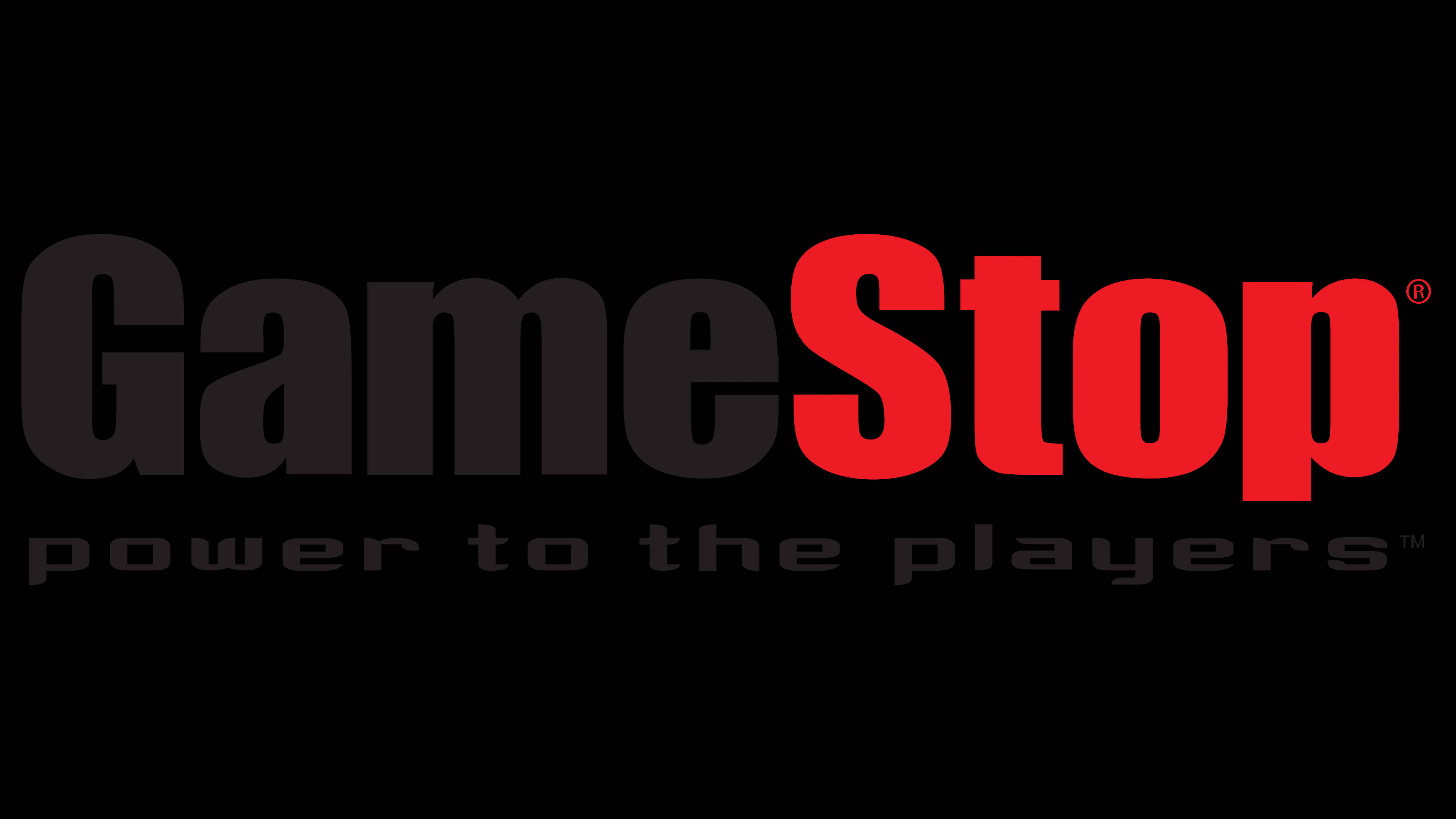 GameStop 桌布 壁紙 — GameStop 標誌，黑色背景上帶有粗體紅色和灰色文字，以及標語 power to the players。