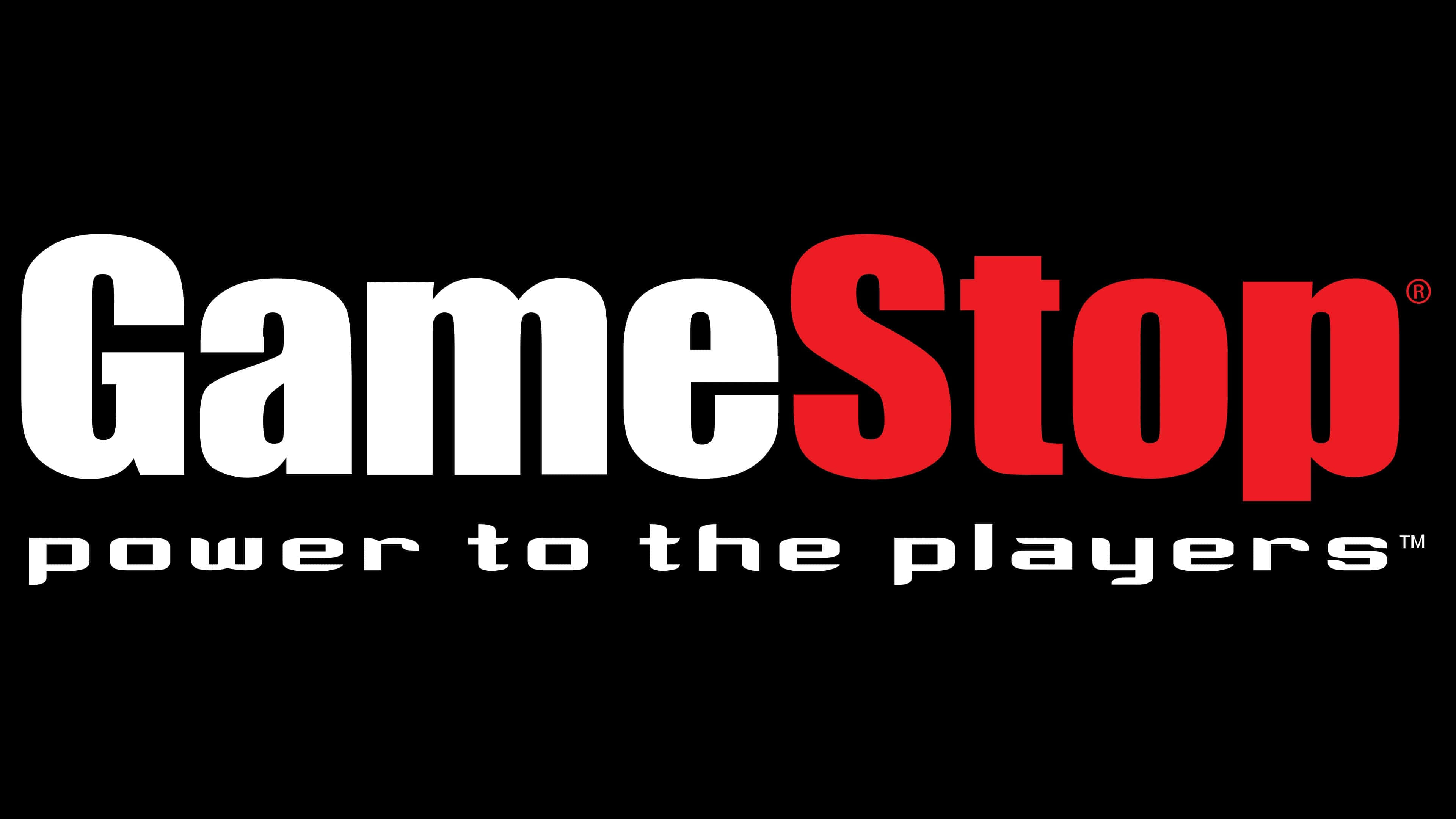 GameStop 桌布 壁紙 — GameStop 標誌，黑色背景上帶有白色和紅色文字，並附有標語 power to the players。
