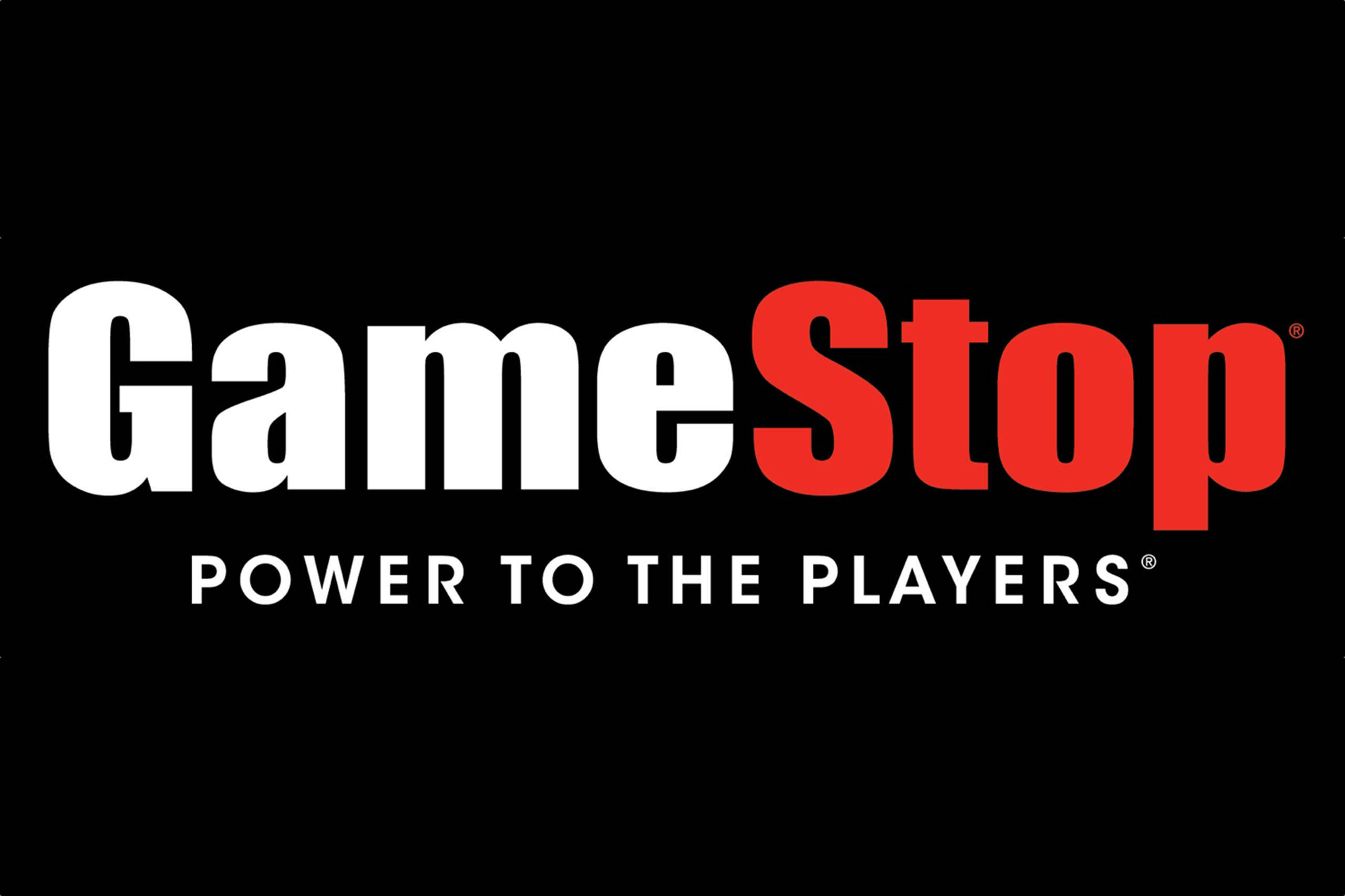 GameStop 桌布 壁紙 — GameStop 標誌以粗體白色和紅色文字顯示在黑色背景上，附有標語 power to the players。