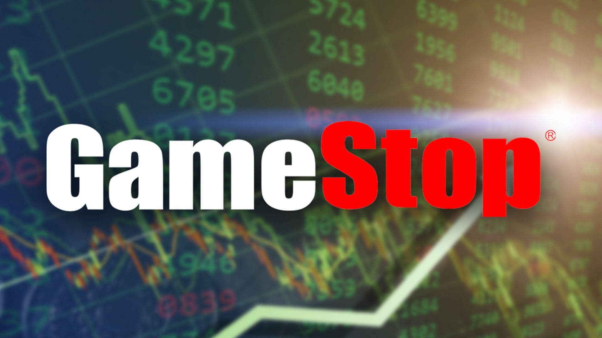 GameStop 桌布 壁紙 — GameStop 標誌以粗體白色和紅色文字疊加在模糊的金融圖表上，帶有發光的綠色數字和線條。