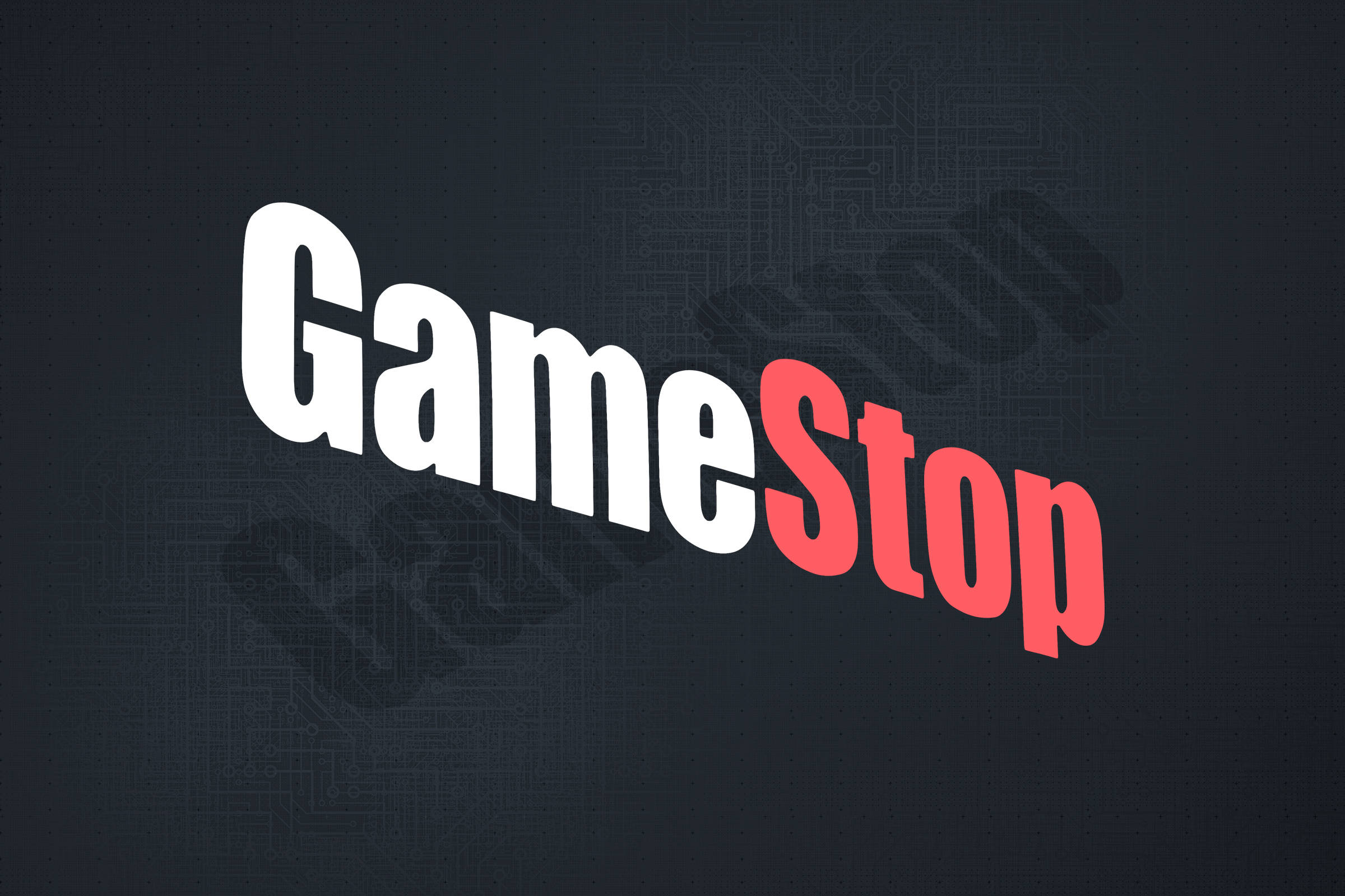 GameStop 桌布 壁紙 — GameStop 標誌以粗體白色和紅色文字傾斜放置在帶有微弱電路板圖案的深色背景上。