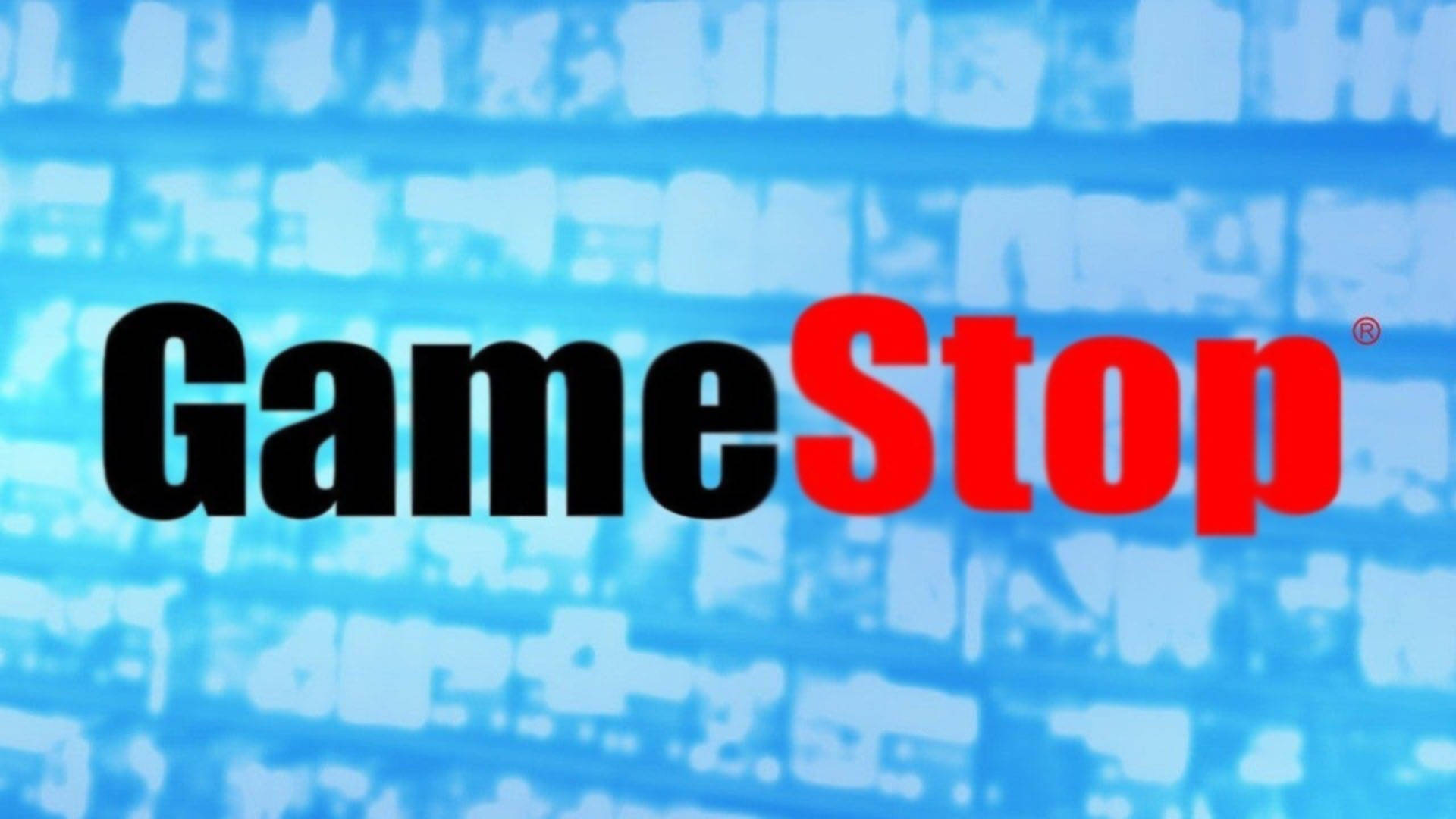 GameStop 桌布 壁紙 — GameStop 標誌以粗體黑色和紅色文字居中，背景為模糊的藍色數位背景。