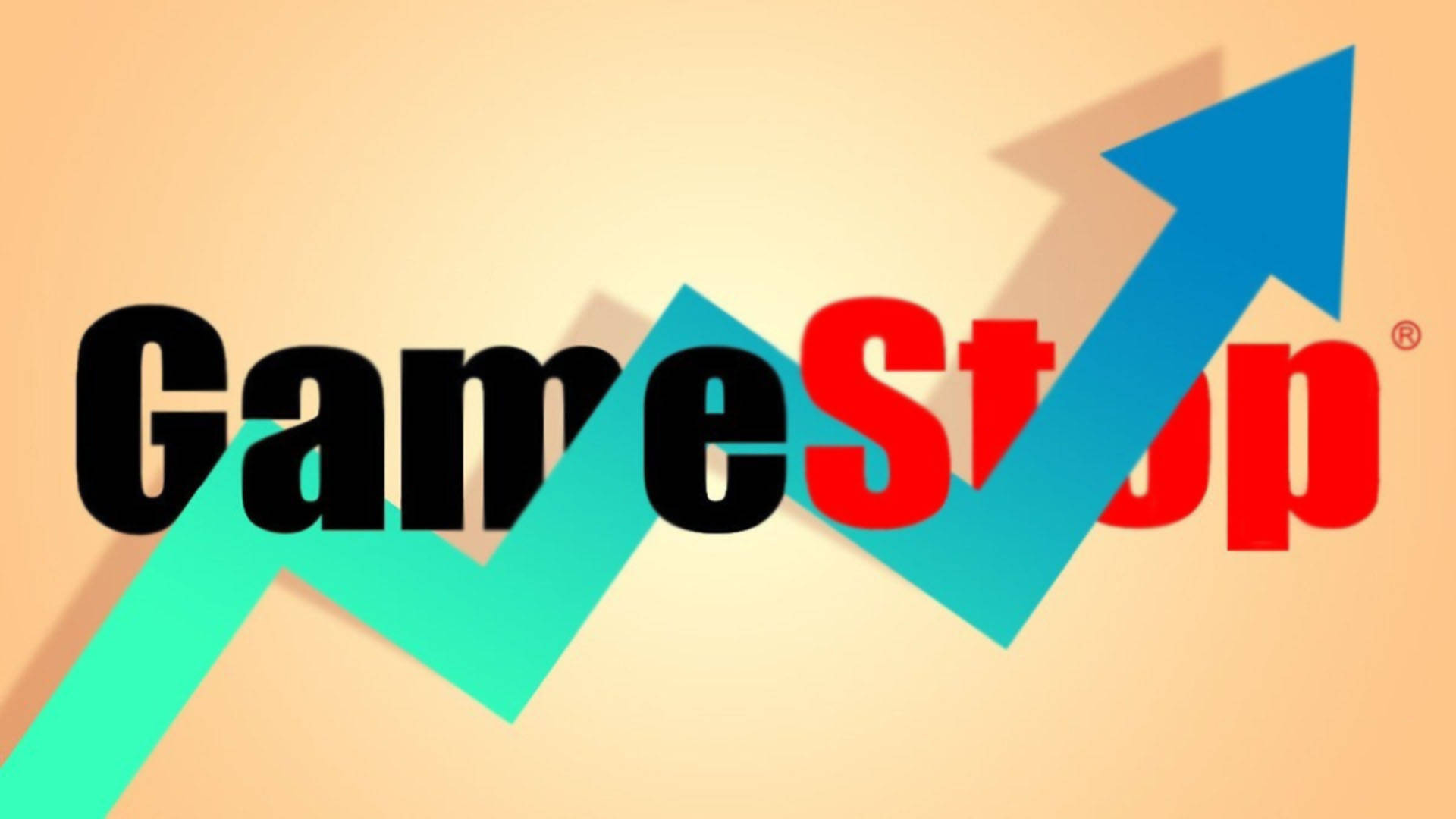 GameStop 桌布 壁紙 — GameStop 標誌疊加在溫暖漸變背景上的粗體藍色向上箭頭。