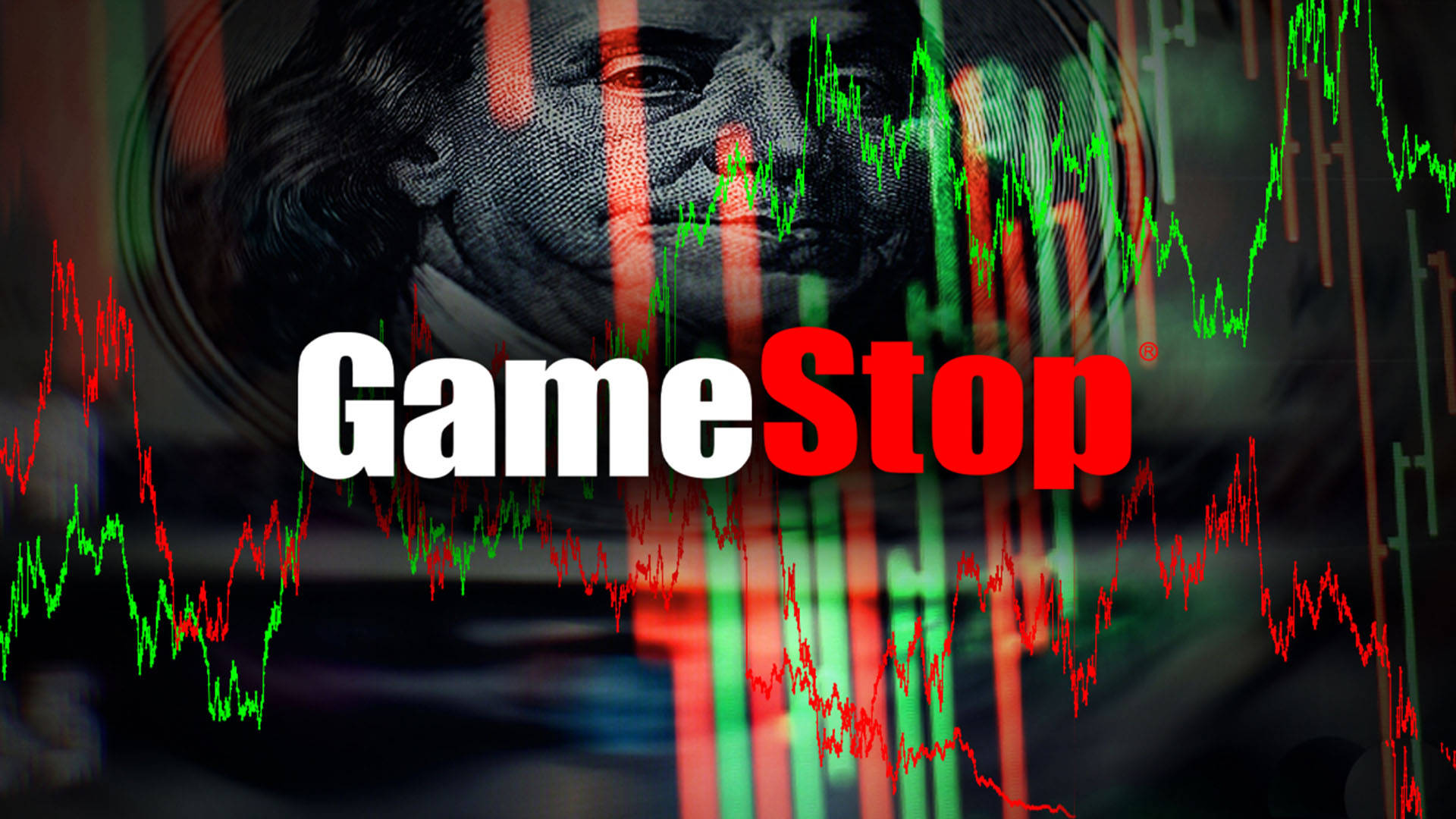 GameStop 桌布 壁紙 — GameStop 標誌疊加在股市圖表上，背景是褪色的喬治·華盛頓肖像。