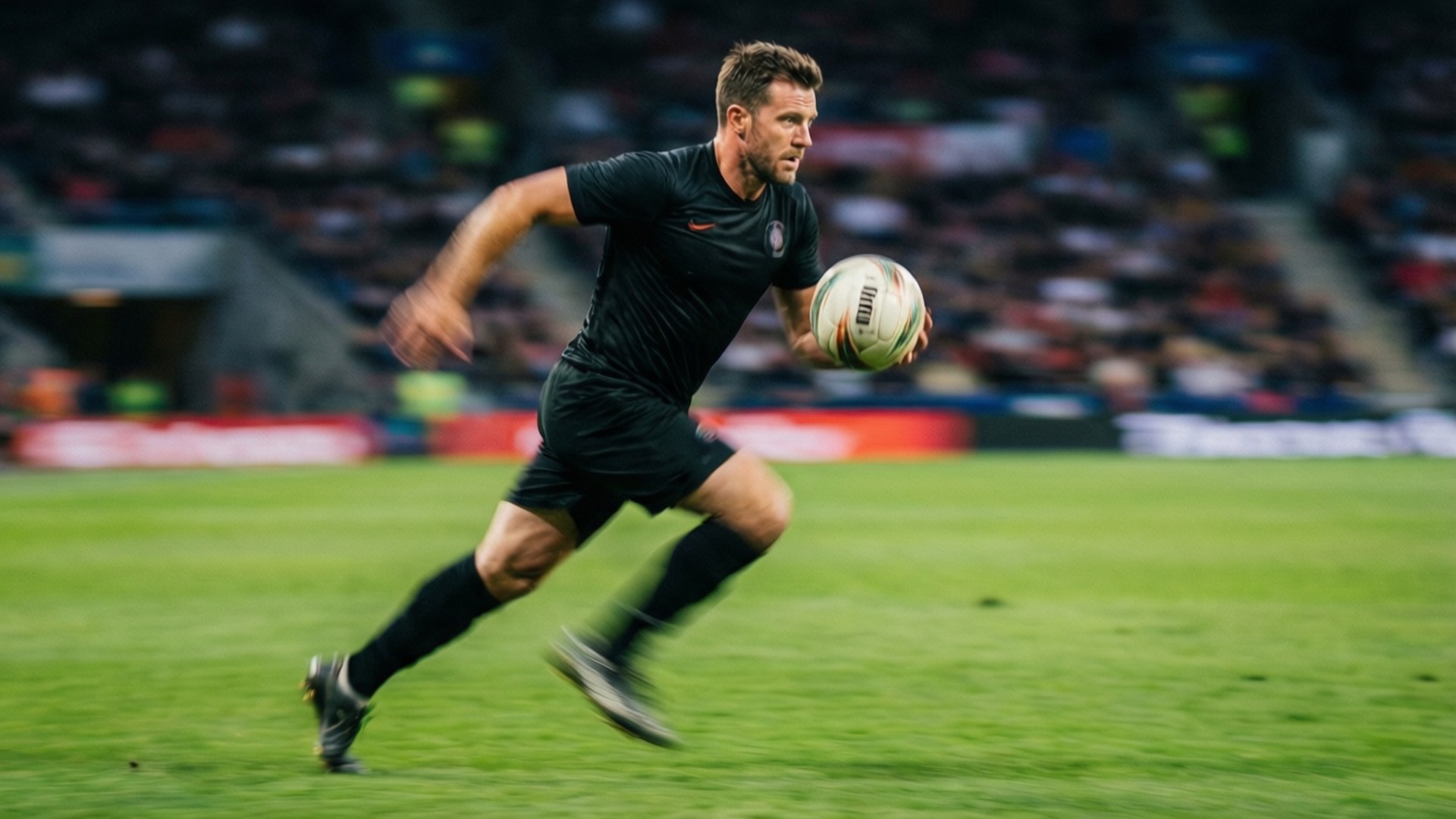 Running with the Ball 壁紙 — 一名身穿黑色球衣的橄欖球運動員在體育場燈光下的一場激烈比賽中，抱著球衝過充滿活力的綠色球場。